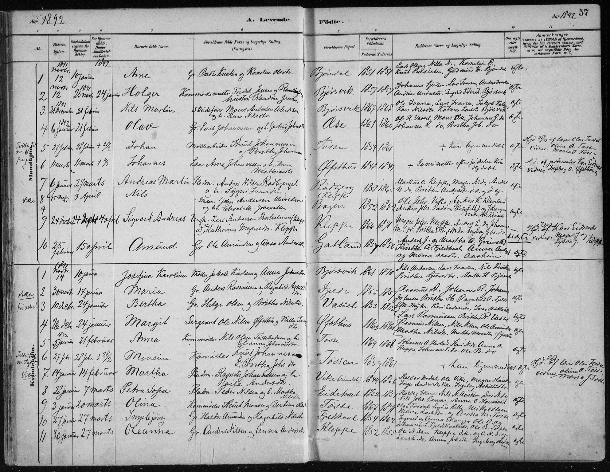 Hosanger sokneprestembete, AV/SAB-A-75801/H/Haa: Parish register (official) no. B  1, 1880-1896, p. 57