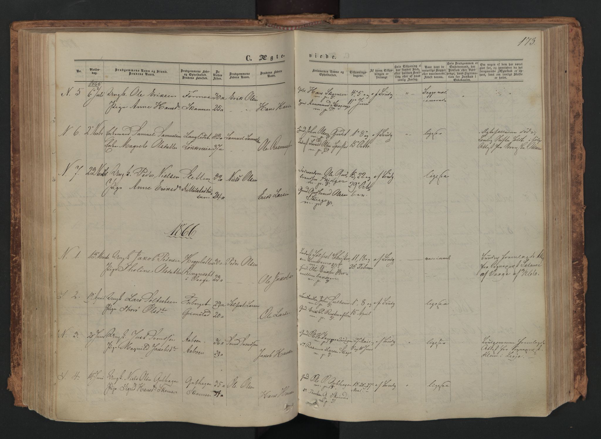 Skjåk prestekontor, SAH/PREST-072/H/Ha/Haa/L0001: Parish register (official) no. 1, 1863-1879, p. 173