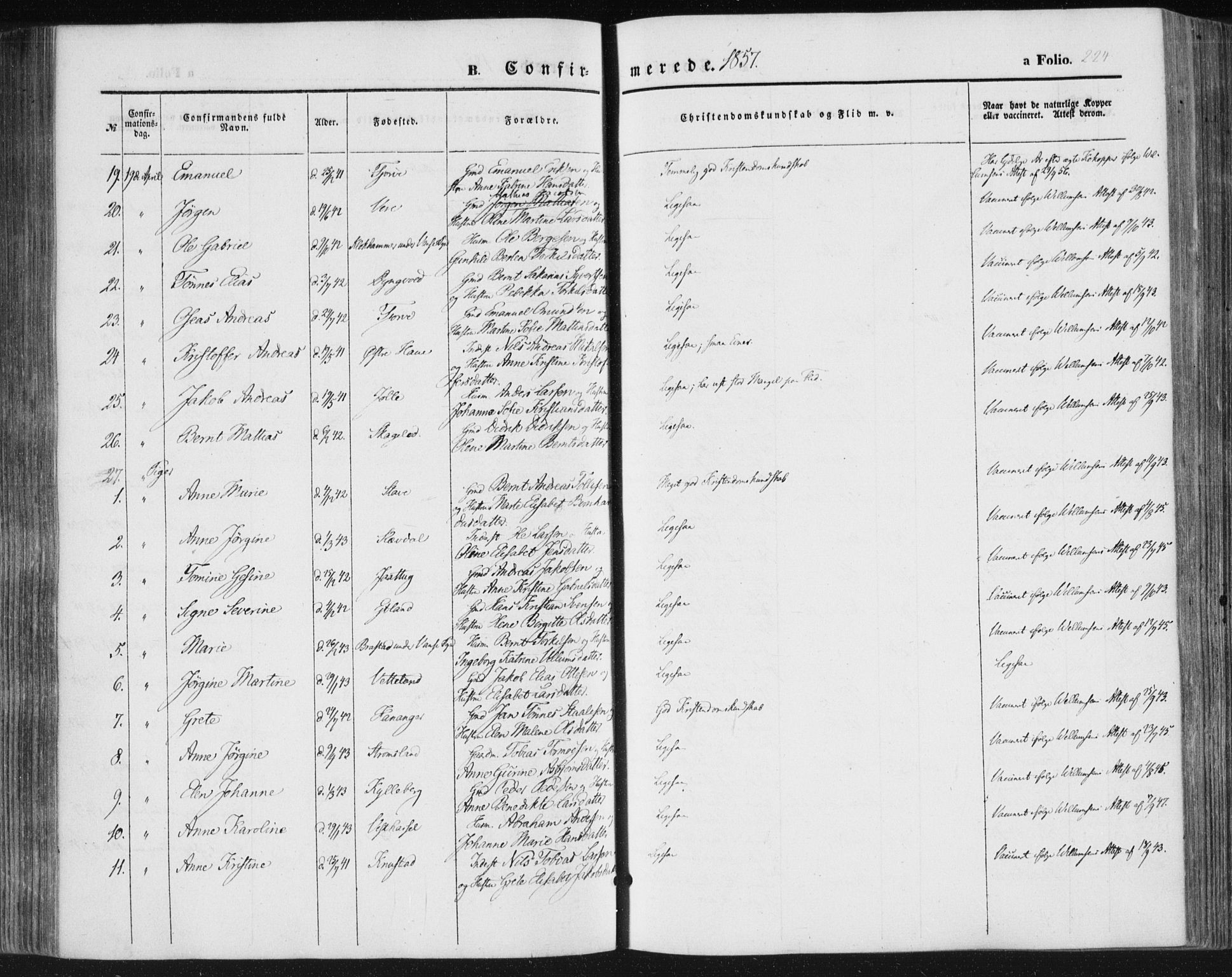 Lista sokneprestkontor, SAK/1111-0027/F/Fa/L0010: Parish register (official) no. A 10, 1846-1861, p. 224