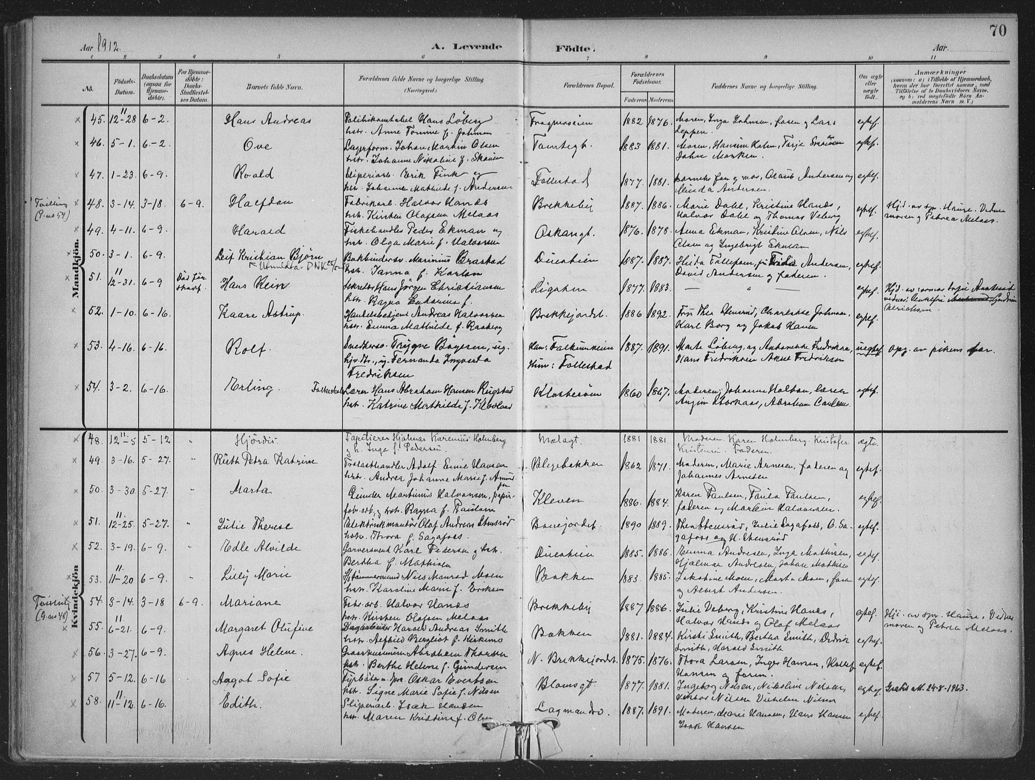 Skien kirkebøker, SAKO/A-302/F/Fa/L0012: Parish register (official) no. 12, 1908-1914, p. 70