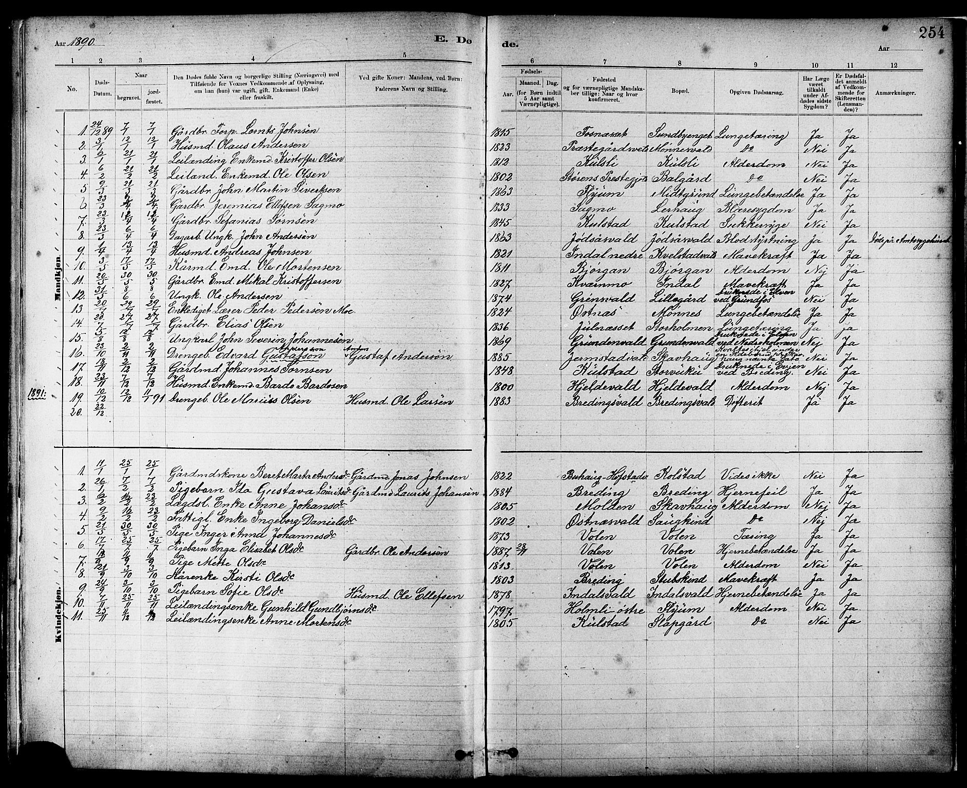 Ministerialprotokoller, klokkerbøker og fødselsregistre - Nord-Trøndelag, SAT/A-1458/724/L0267: Parish register (copy) no. 724C03, 1879-1898, p. 254