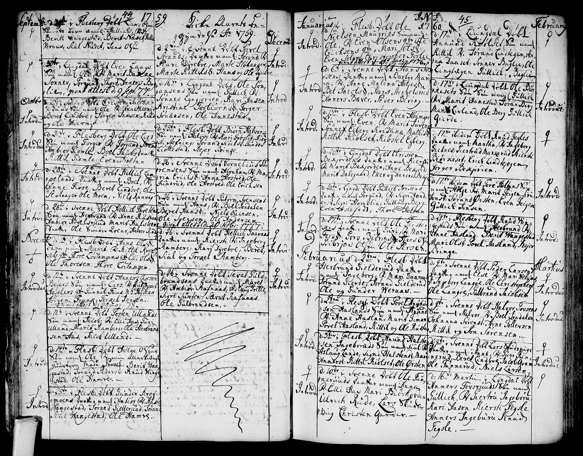 Flesberg kirkebøker, SAKO/A-18/F/Fa/L0003: Parish register (official) no. I 3, 1748-1790, p. 44-45
