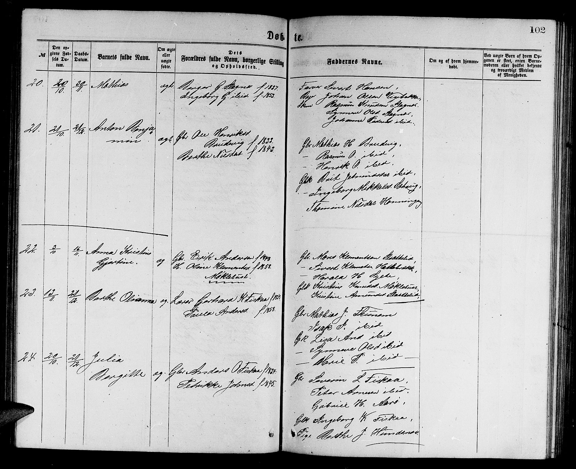 Ministerialprotokoller, klokkerbøker og fødselsregistre - Møre og Romsdal, SAT/A-1454/501/L0016: Parish register (copy) no. 501C02, 1868-1884, p. 102
