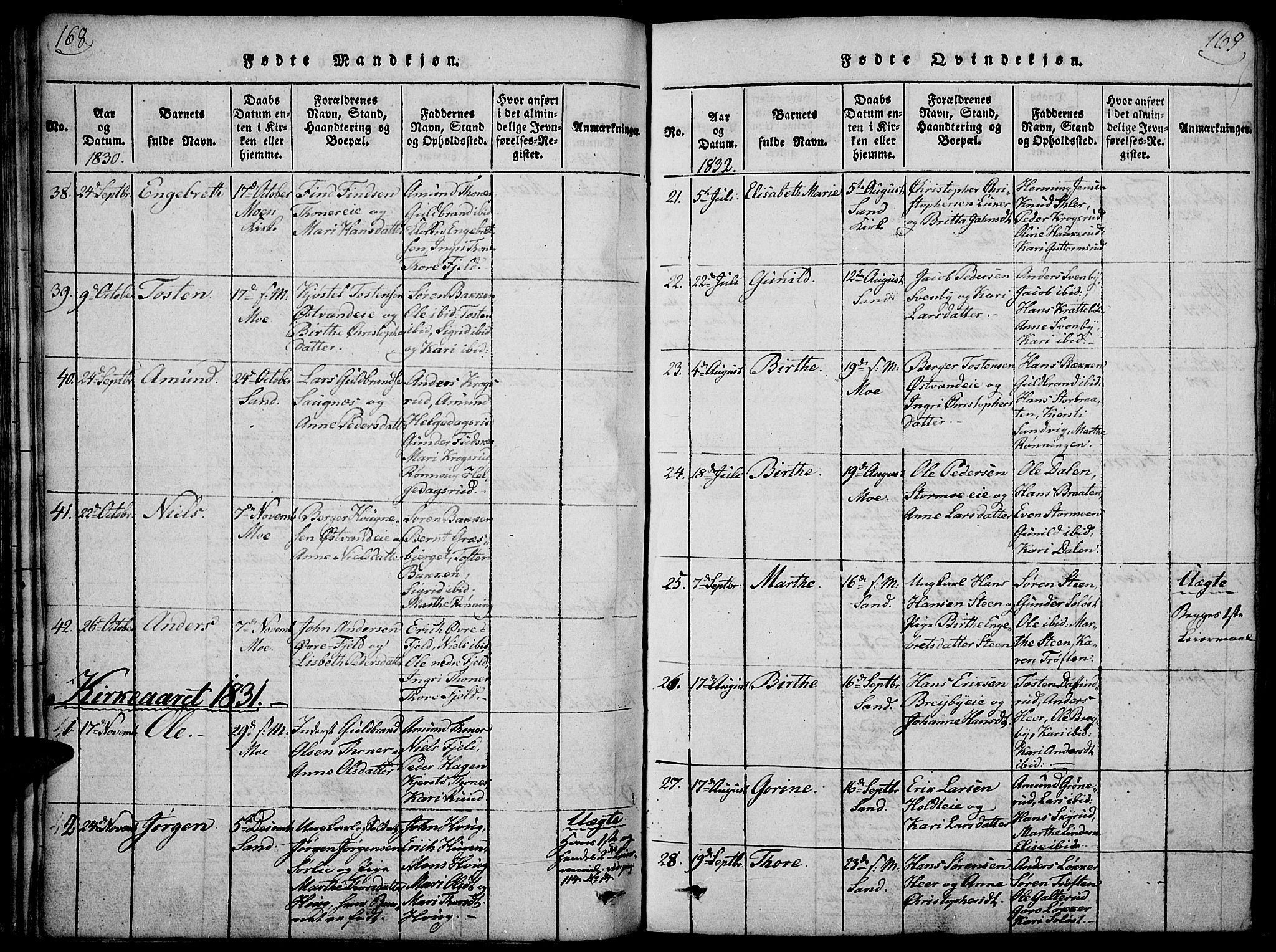 Nord-Odal prestekontor, AV/SAH-PREST-032/H/Ha/Haa/L0001: Parish register (official) no. 1, 1819-1838, p. 168-169