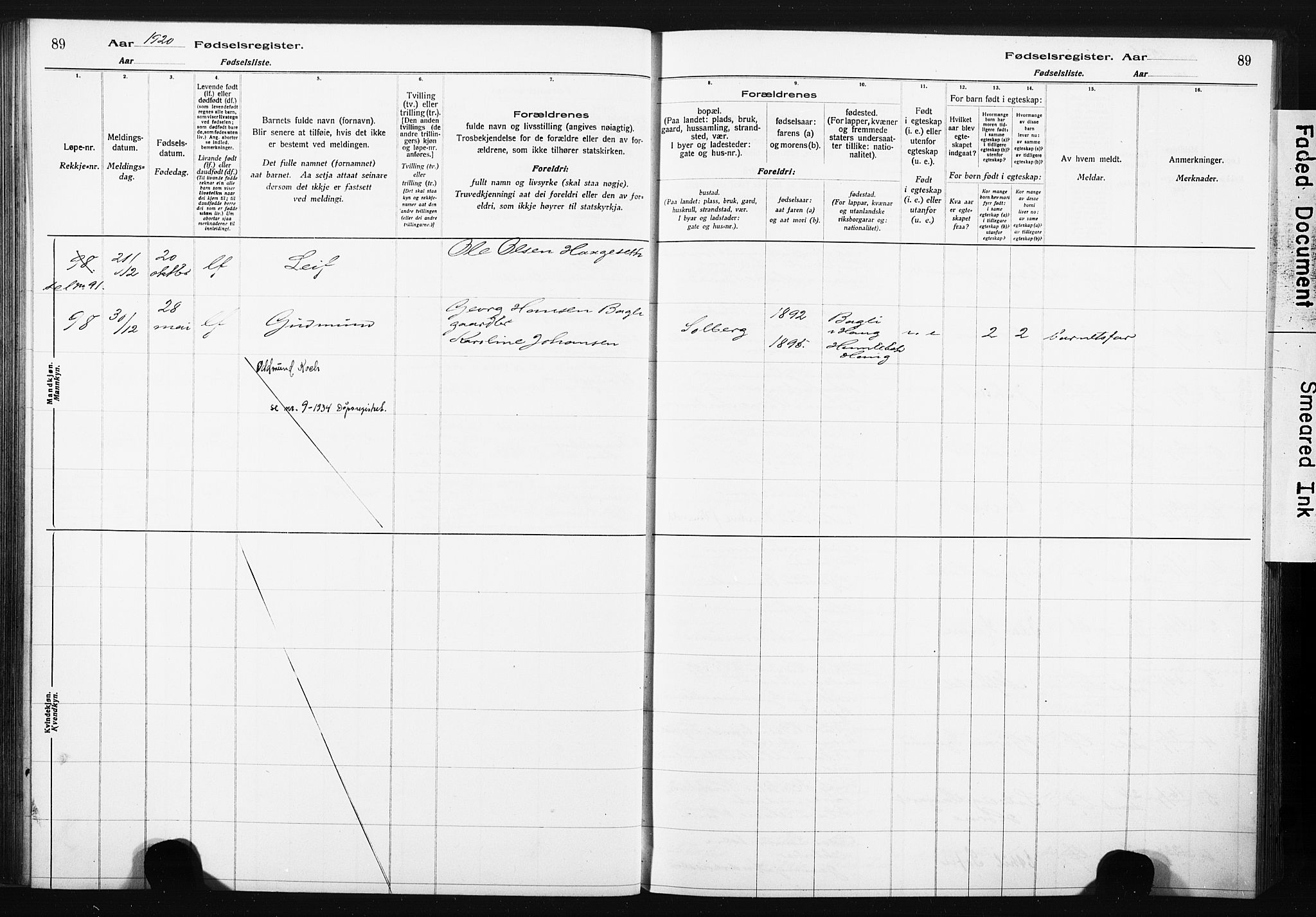 Eiker kirkebøker, SAKO/A-4/J/Ja/L0001: Birth register no. 1, 1916-1927, p. 89