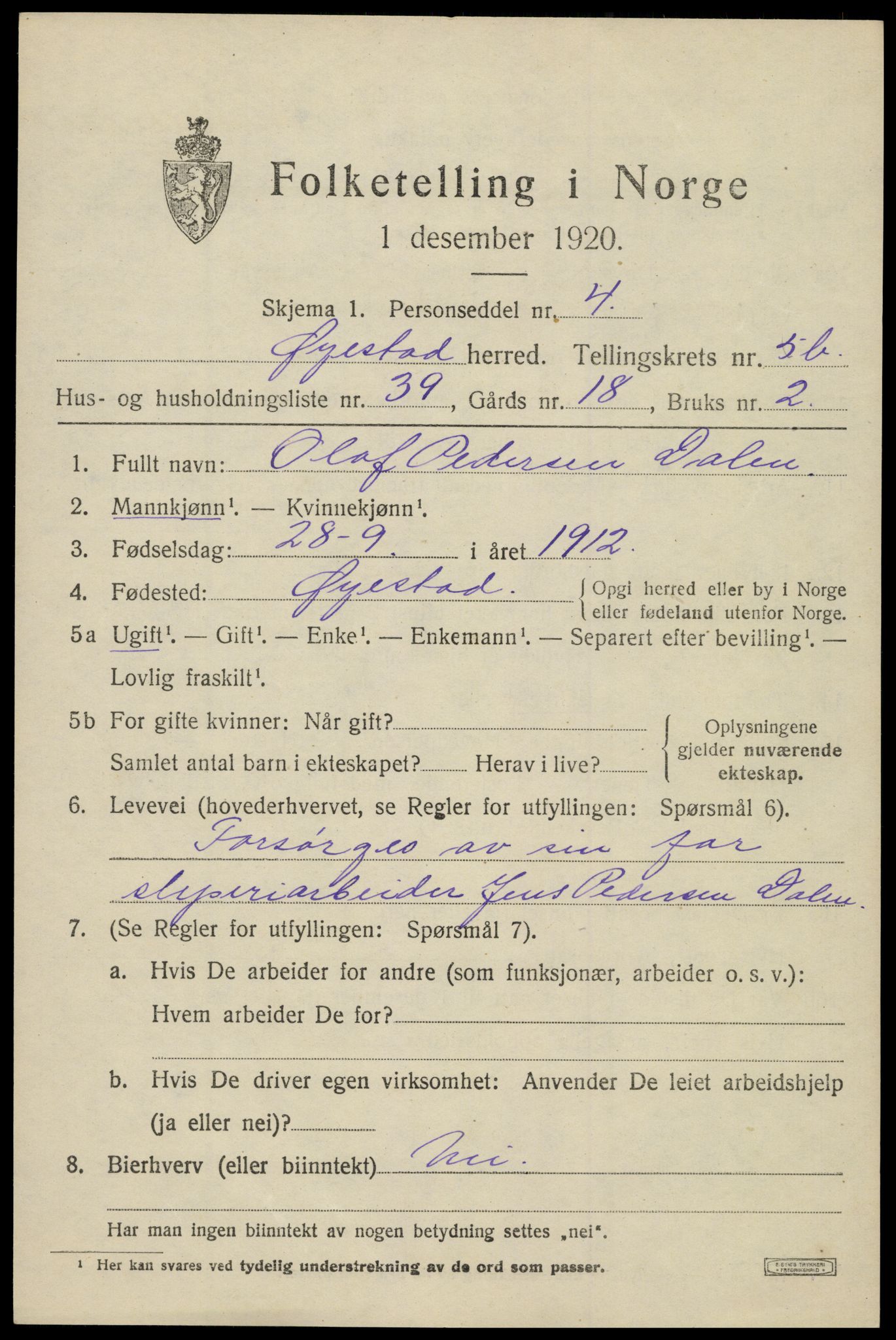 SAK, 1920 census for Øyestad, 1920, p. 4064