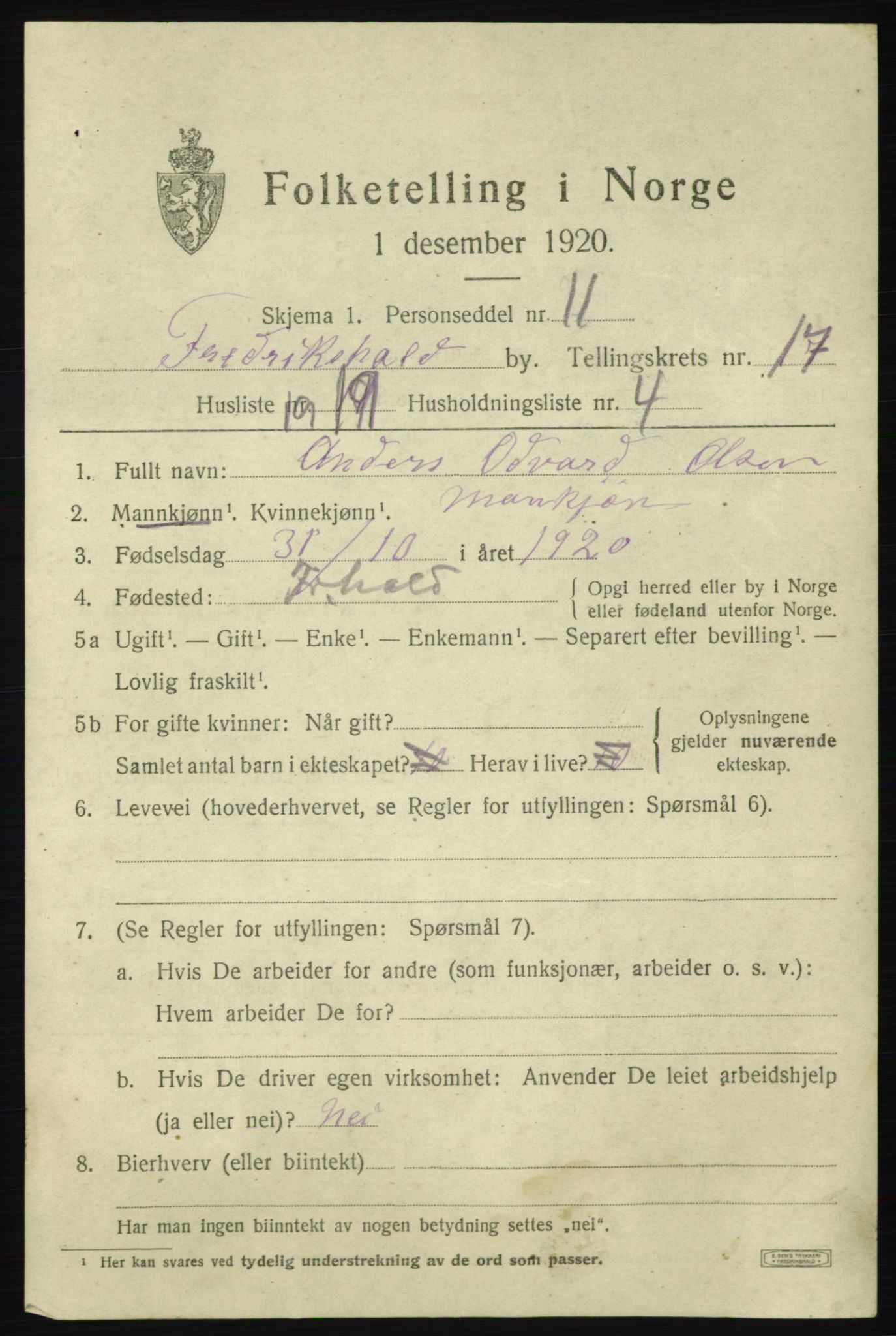 SAO, 1920 census for Fredrikshald, 1920, p. 26286