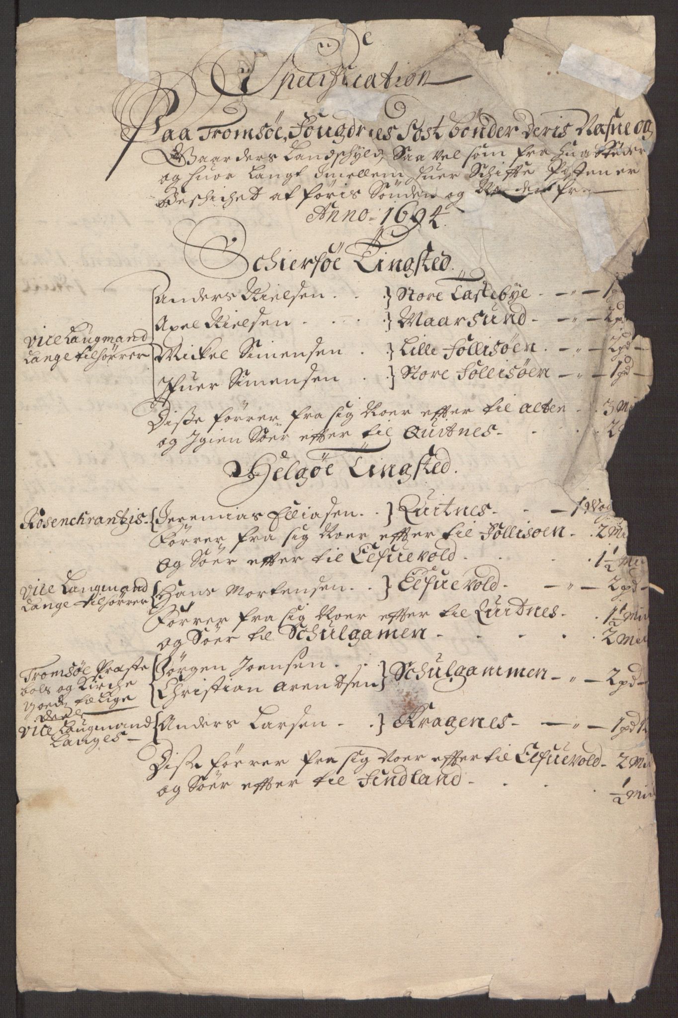 Rentekammeret inntil 1814, Reviderte regnskaper, Fogderegnskap, RA/EA-4092/R68/L4753: Fogderegnskap Senja og Troms, 1694-1696, p. 208