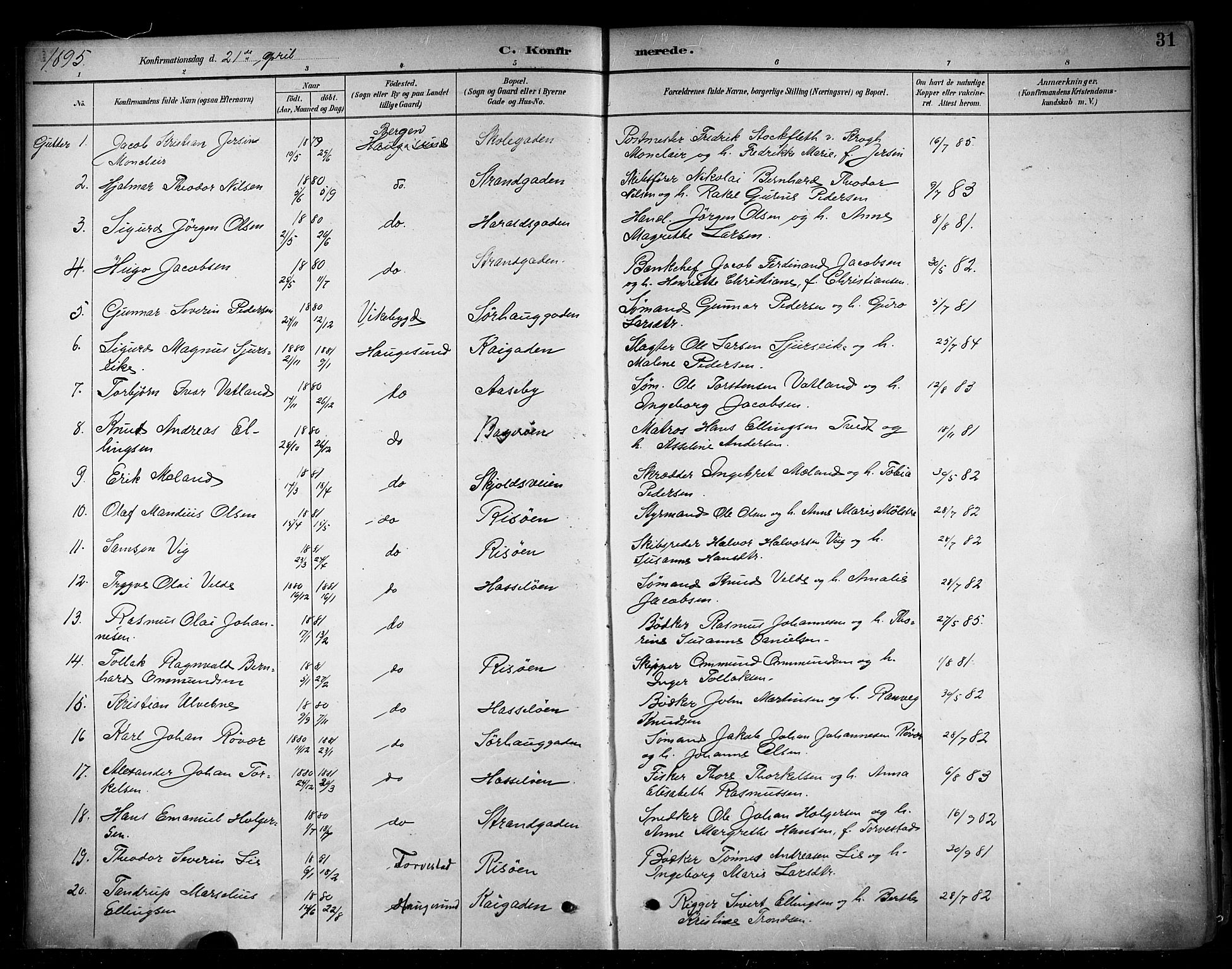 Haugesund sokneprestkontor, AV/SAST-A -101863/H/Ha/Haa/L0005: Parish register (official) no. A 5, 1891-1903, p. 31