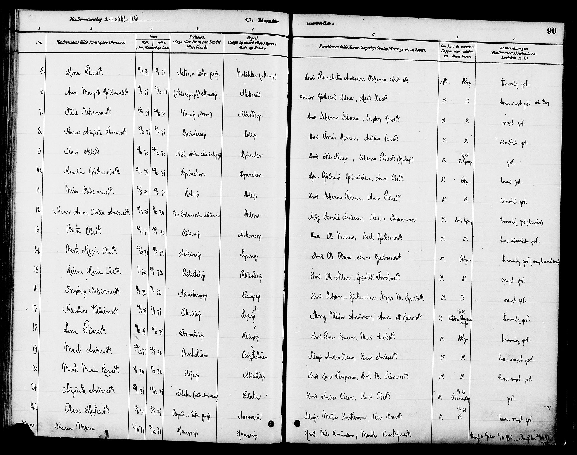 Gran prestekontor, SAH/PREST-112/H/Ha/Haa/L0016: Parish register (official) no. 16, 1880-1888, p. 90
