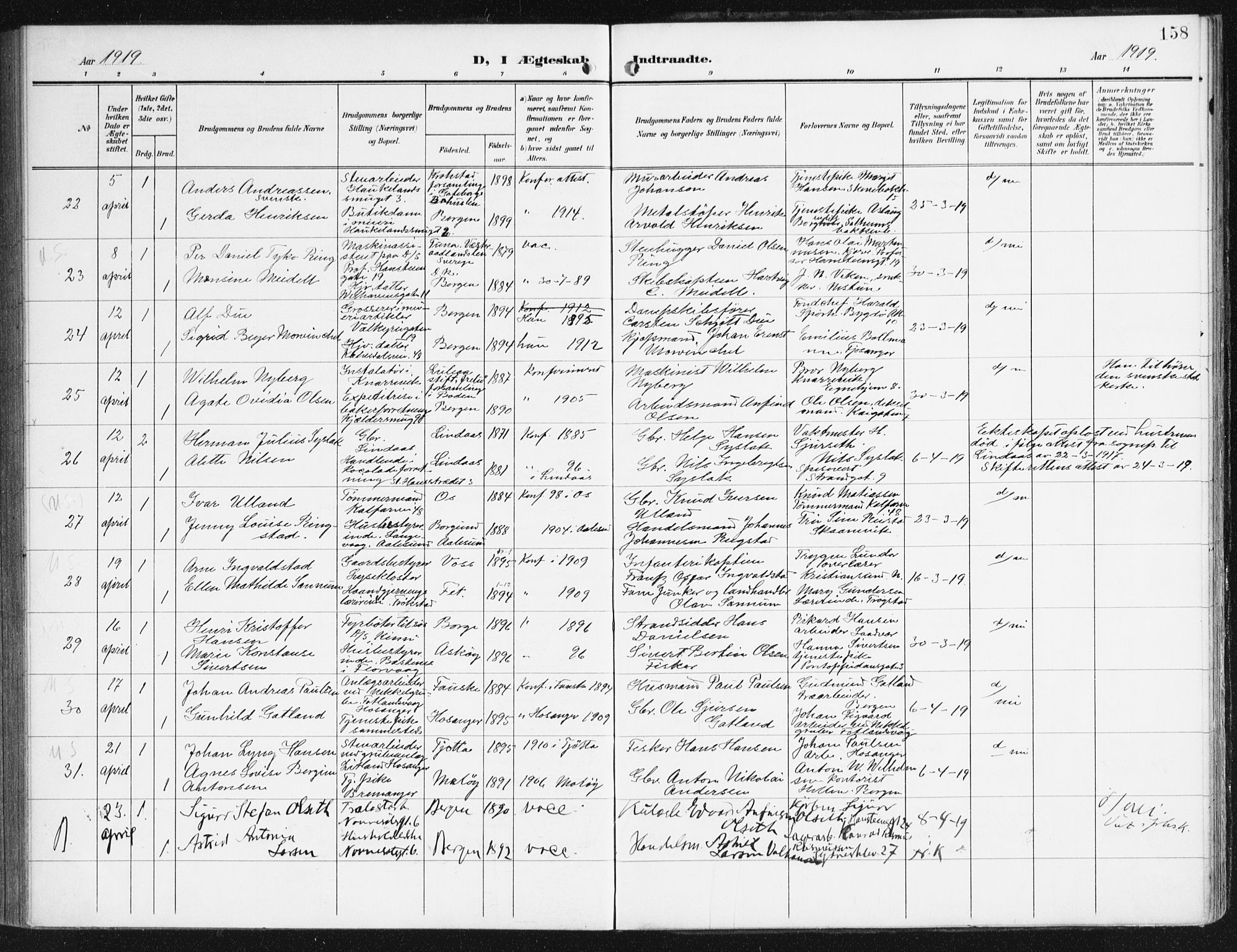 Domkirken sokneprestembete, SAB/A-74801/H/Haa/L0038: Parish register (official) no. D 5, 1906-1921, p. 158