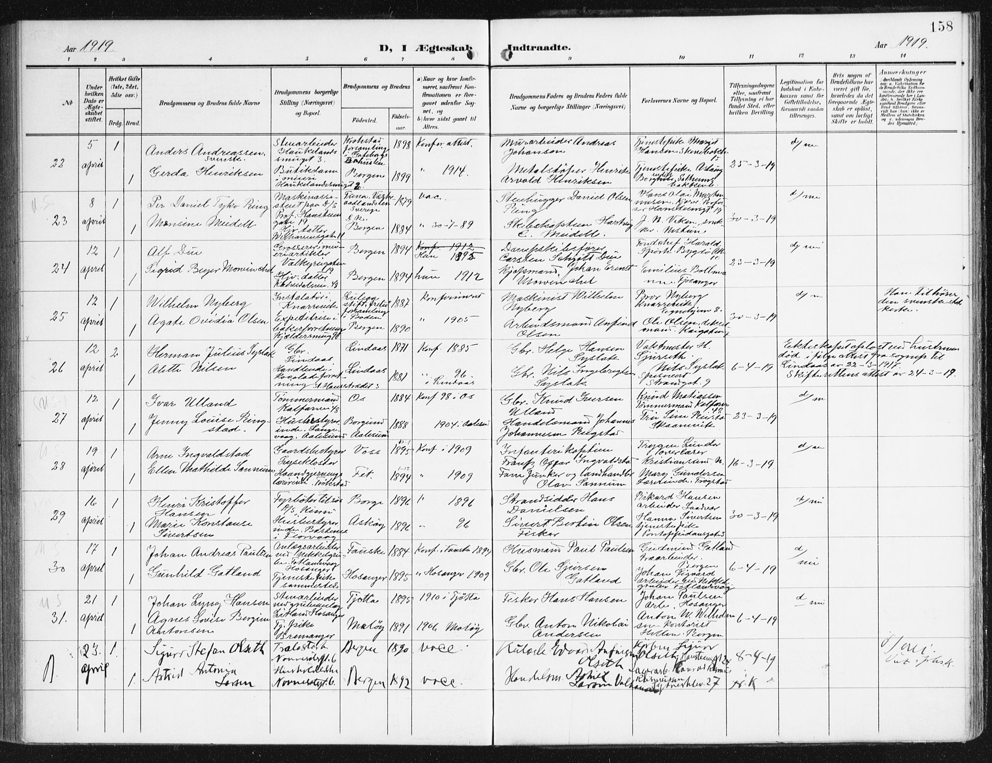 Domkirken sokneprestembete, AV/SAB-A-74801/H/Haa/L0038: Parish register (official) no. D 5, 1906-1921, p. 158