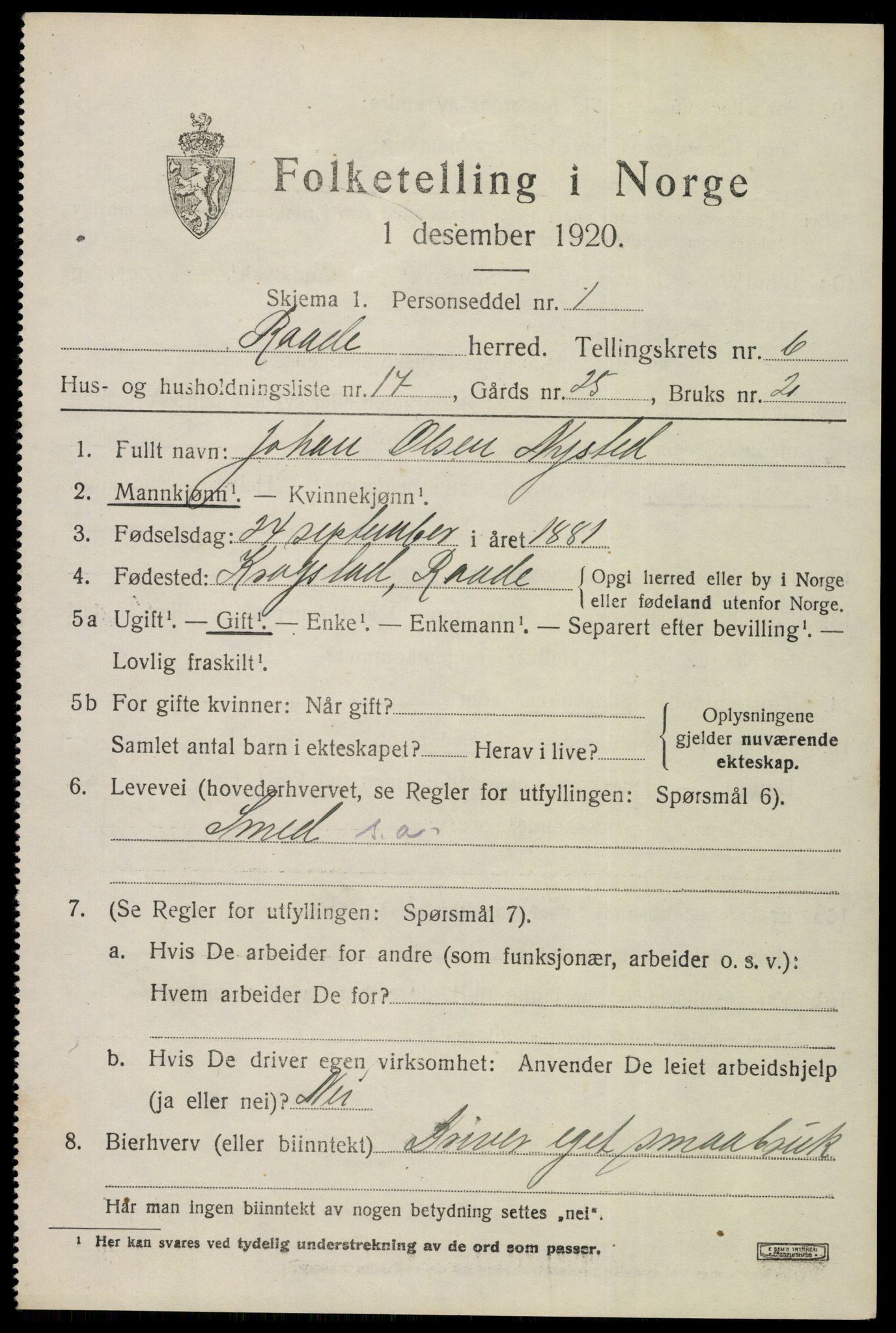 SAO, 1920 census for Råde, 1920, p. 5763