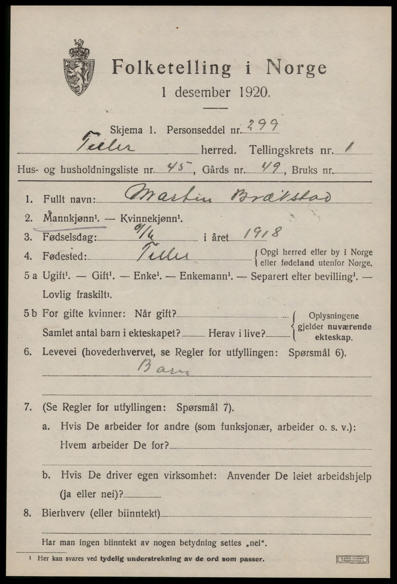 SAT, 1920 census for Tiller, 1920, p. 965