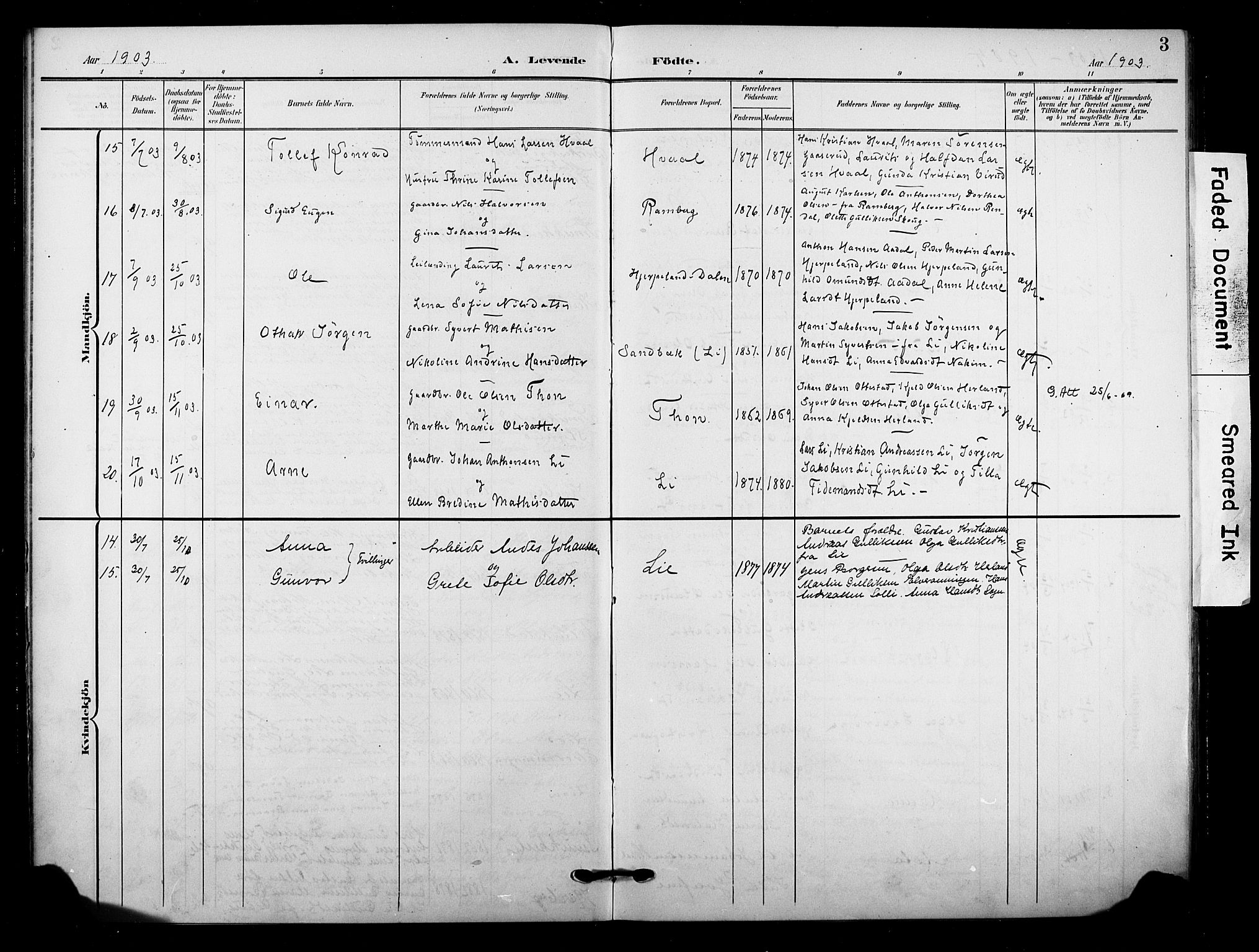 Lardal kirkebøker, AV/SAKO-A-350/F/Fb/L0002: Parish register (official) no. II 2, 1903-1911, p. 3