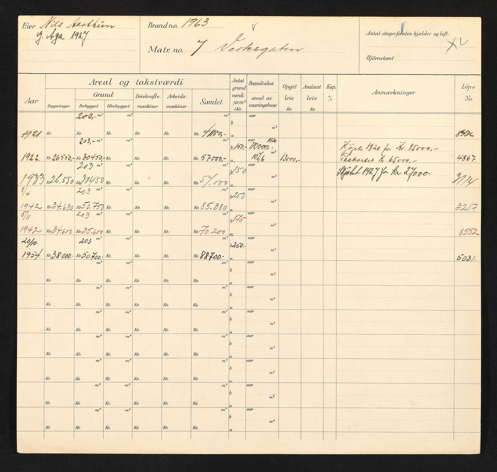 Stavanger kommune. Skattetakstvesenet, BYST/A-0440/F/Fa/Faa/L0045/0001: Skattetakstkort / Verksgata 7 - 57