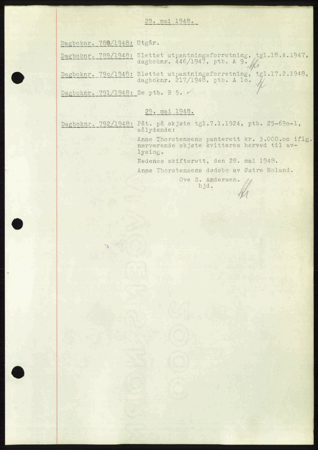 Nedenes sorenskriveri, SAK/1221-0006/G/Gb/Gba/L0059: Mortgage book no. A11, 1948-1948, Diary no: : 788/1948