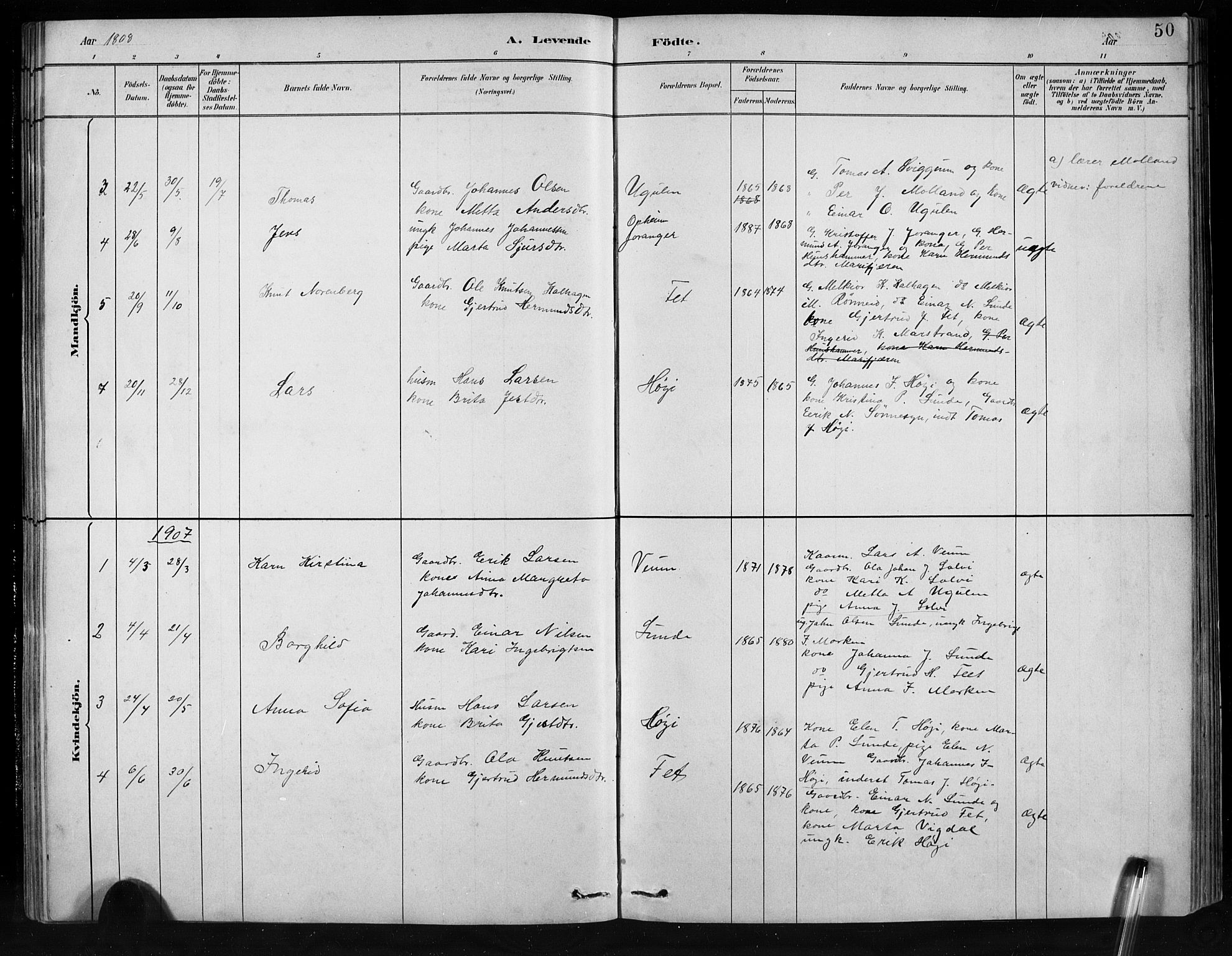 Jostedal sokneprestembete, AV/SAB-A-80601/H/Hab/Habb/L0001: Parish register (copy) no. B 1, 1882-1921, p. 50