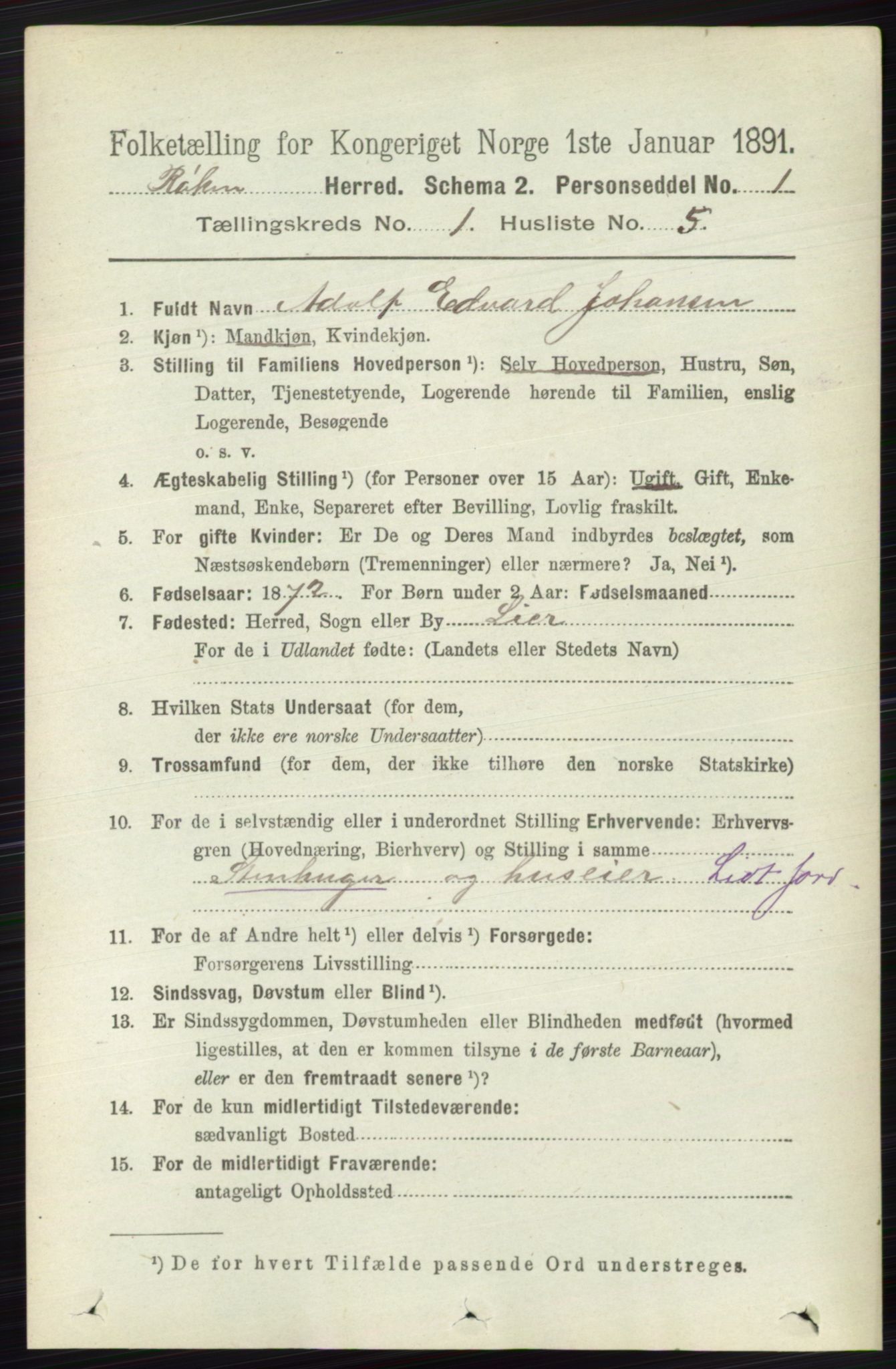 RA, 1891 census for 0627 Røyken, 1891, p. 122