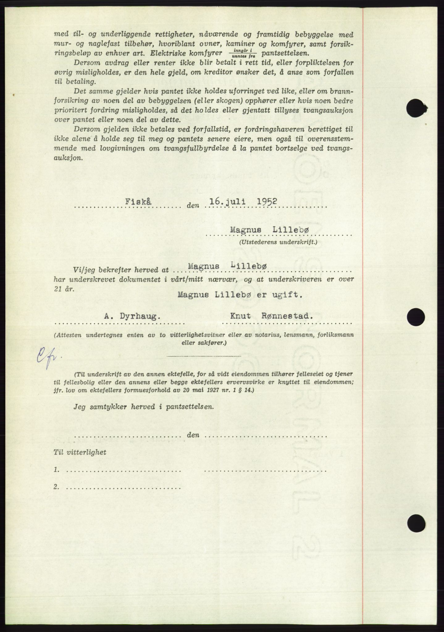 Søre Sunnmøre sorenskriveri, AV/SAT-A-4122/1/2/2C/L0121: Mortgage book no. 9B, 1951-1952, Diary no: : 1510/1952