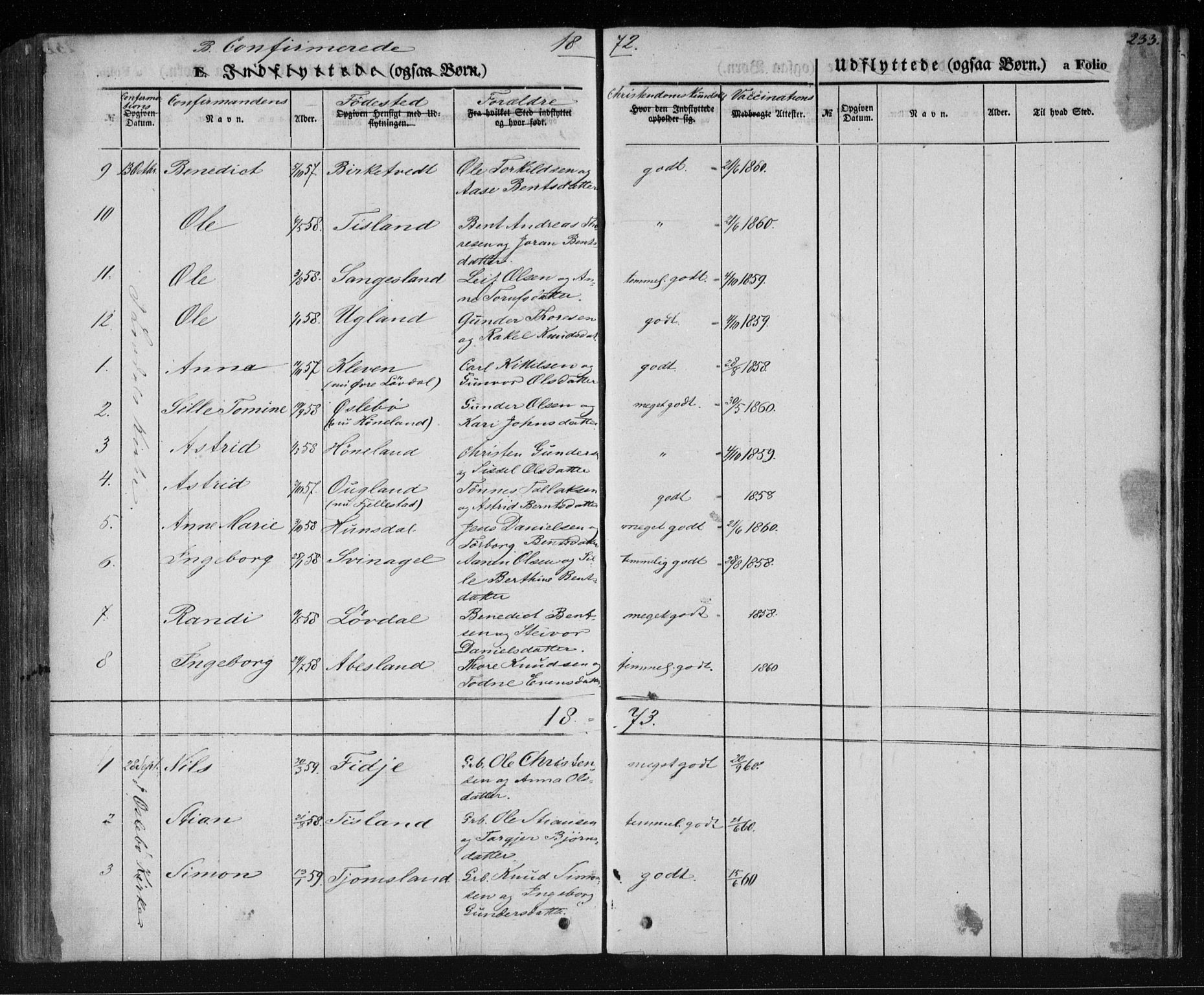 Holum sokneprestkontor, AV/SAK-1111-0022/F/Fa/Fab/L0005: Parish register (official) no. A 5, 1847-1874, p. 233