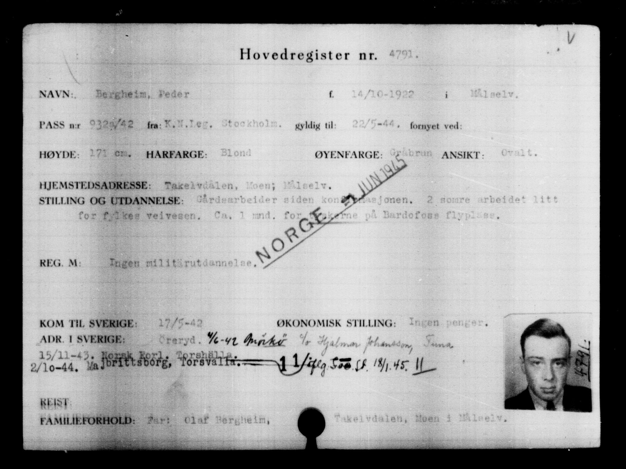 Utenriksstasjonene, Legasjonen i Stockholm, Flyktningkontoret, AV/RA-S-6753/V/Va/L0004: Kjesäterkartoteket, flyktninger med registreringsnr. 3496-6610, 1940-1945, p. 1532