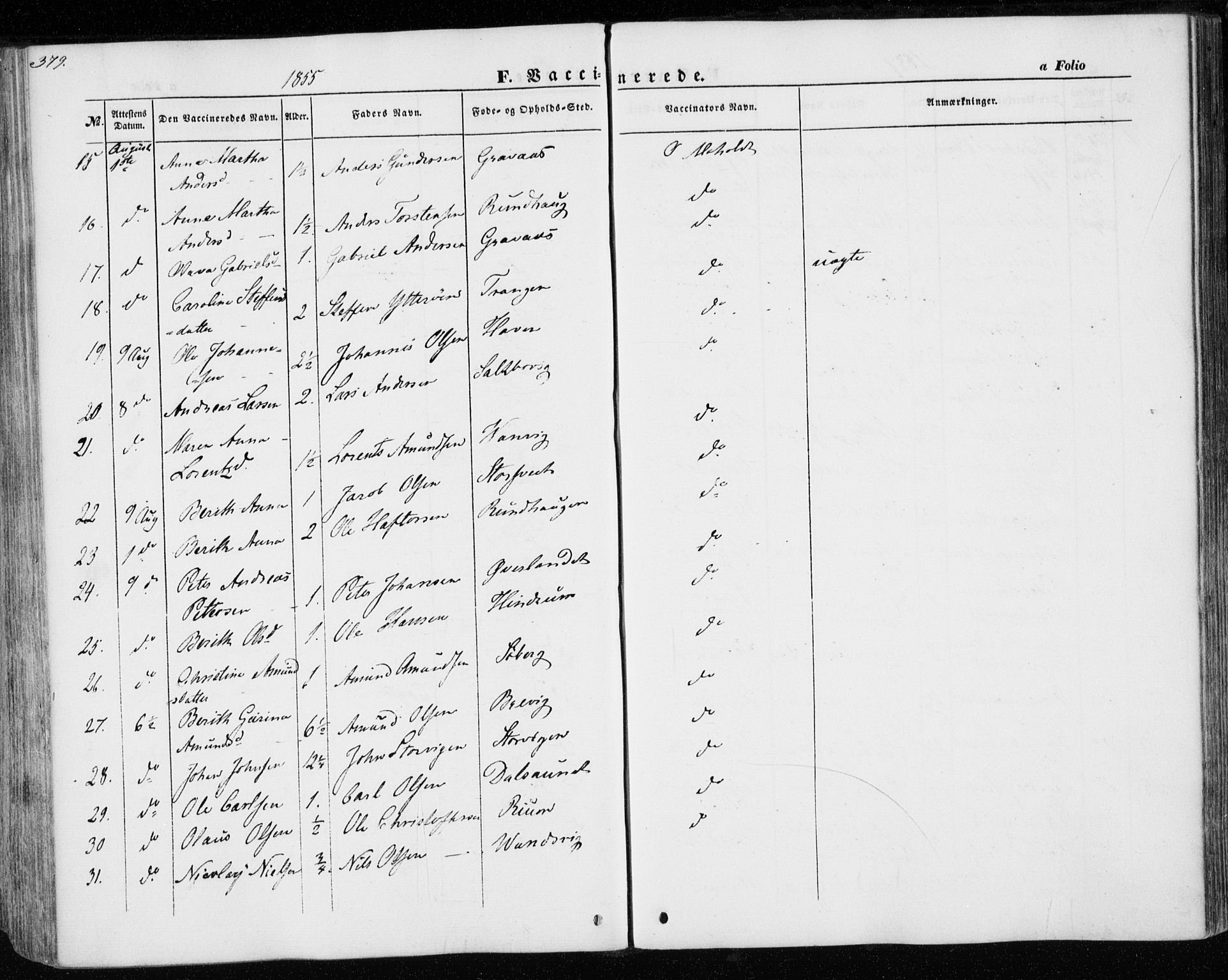 Ministerialprotokoller, klokkerbøker og fødselsregistre - Nord-Trøndelag, SAT/A-1458/701/L0008: Parish register (official) no. 701A08 /1, 1854-1863, p. 379