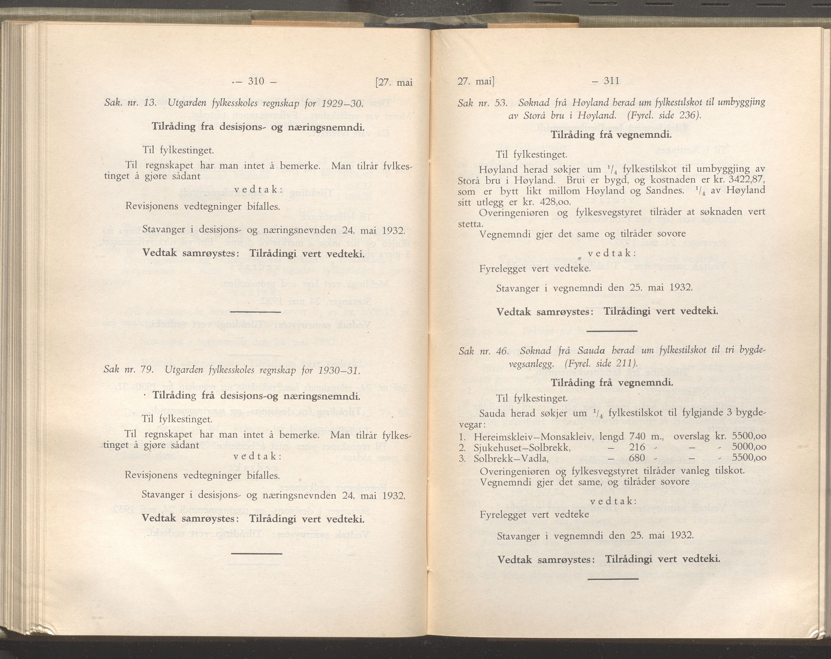 Rogaland fylkeskommune - Fylkesrådmannen , IKAR/A-900/A/Aa/Aaa/L0051: Møtebok , 1932, p. 310-311