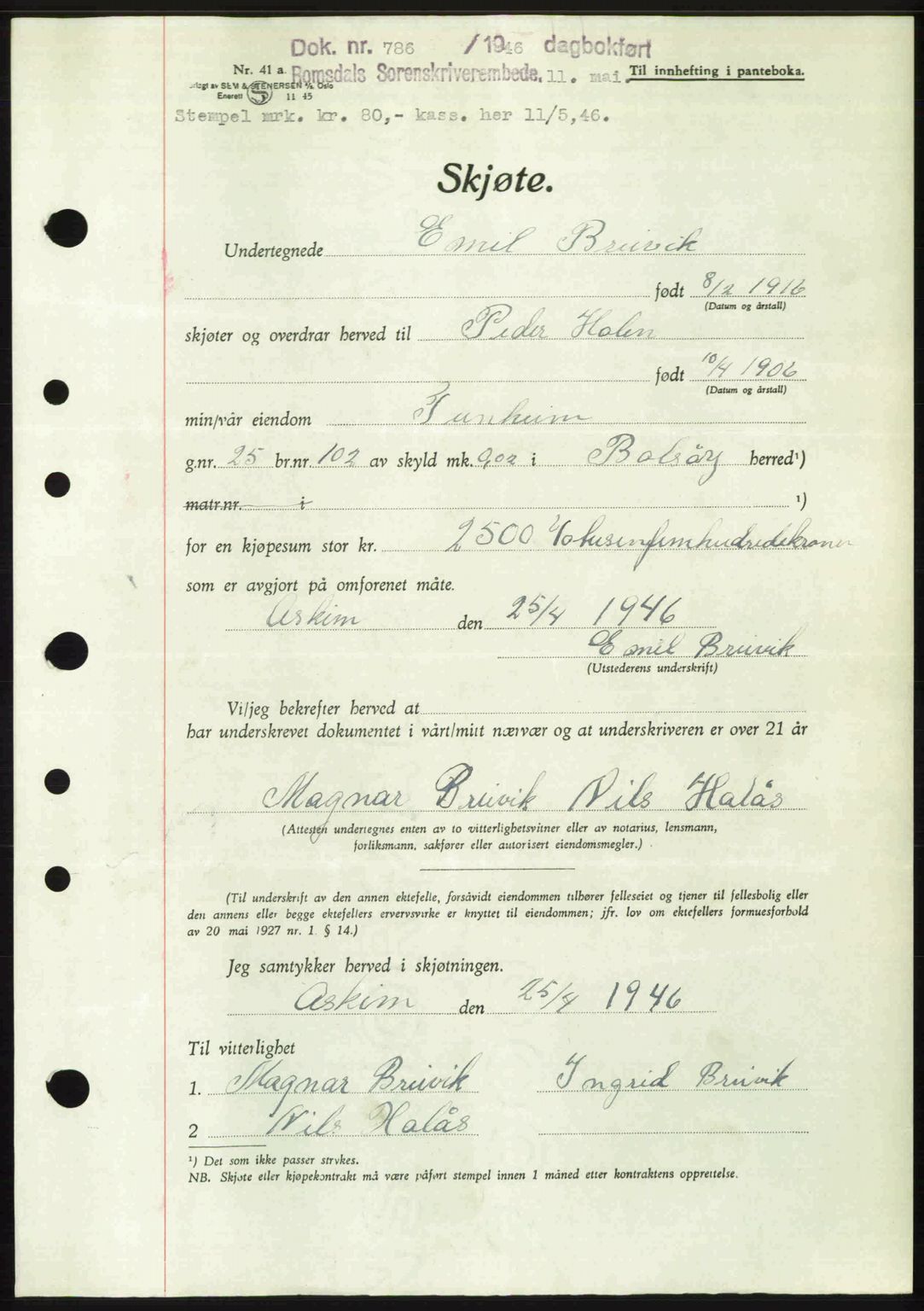 Romsdal sorenskriveri, SAT/A-4149/1/2/2C: Mortgage book no. A19, 1946-1946, Diary no: : 786/1946