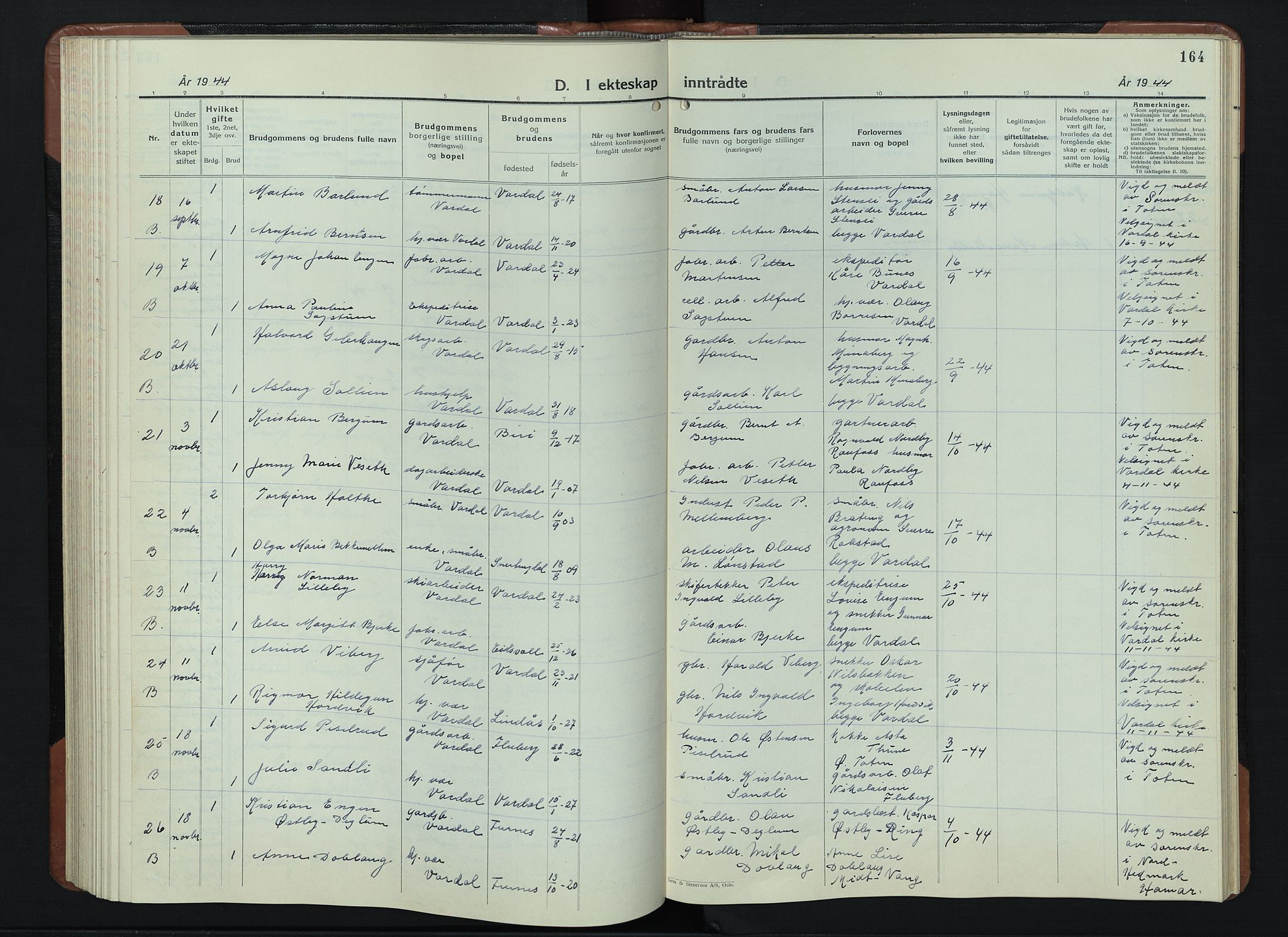 Vardal prestekontor, AV/SAH-PREST-100/H/Ha/Hab/L0018: Parish register (copy) no. 18, 1931-1951, p. 164