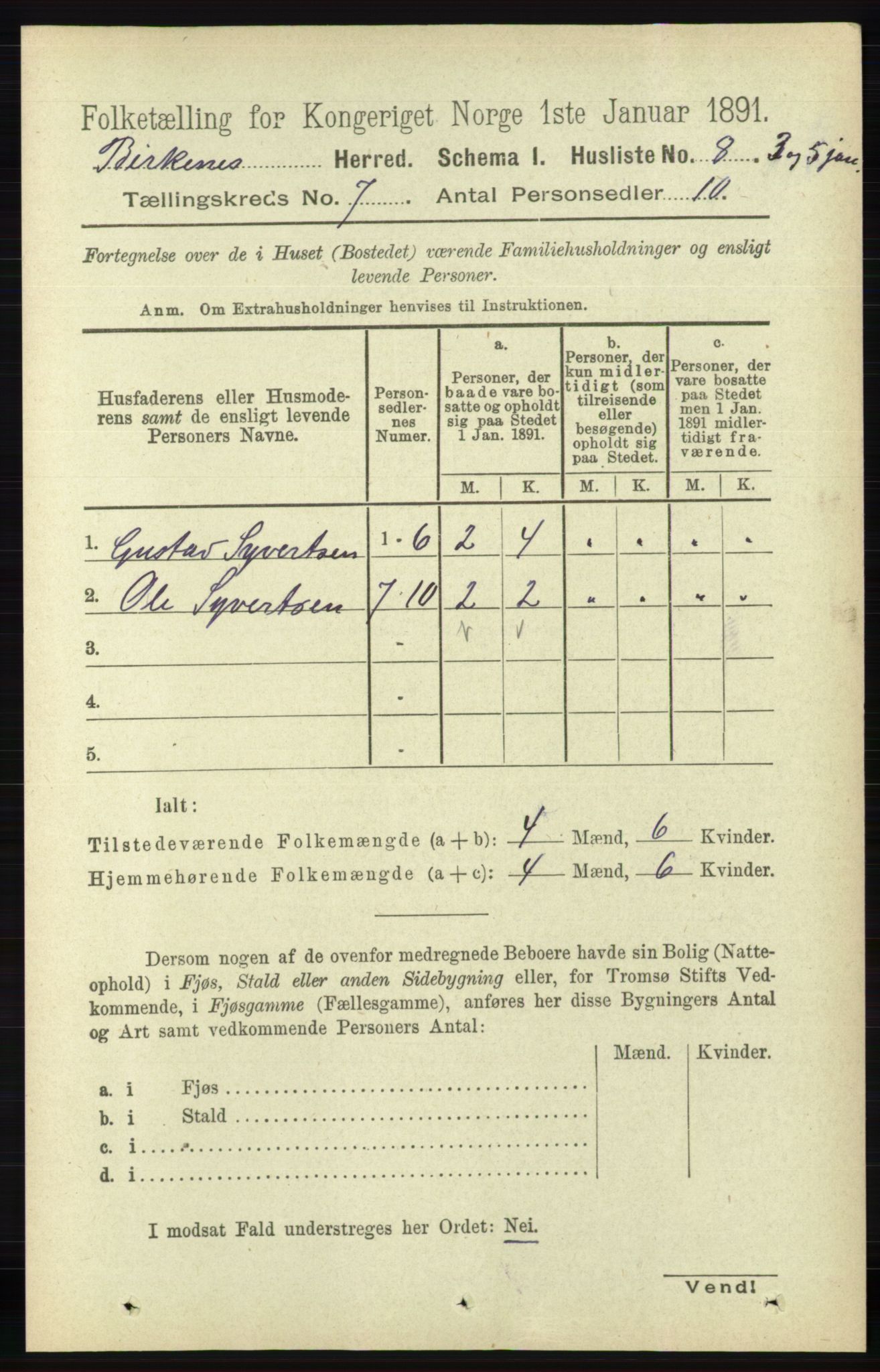 RA, 1891 Census for 0928 Birkenes, 1891, p. 1949