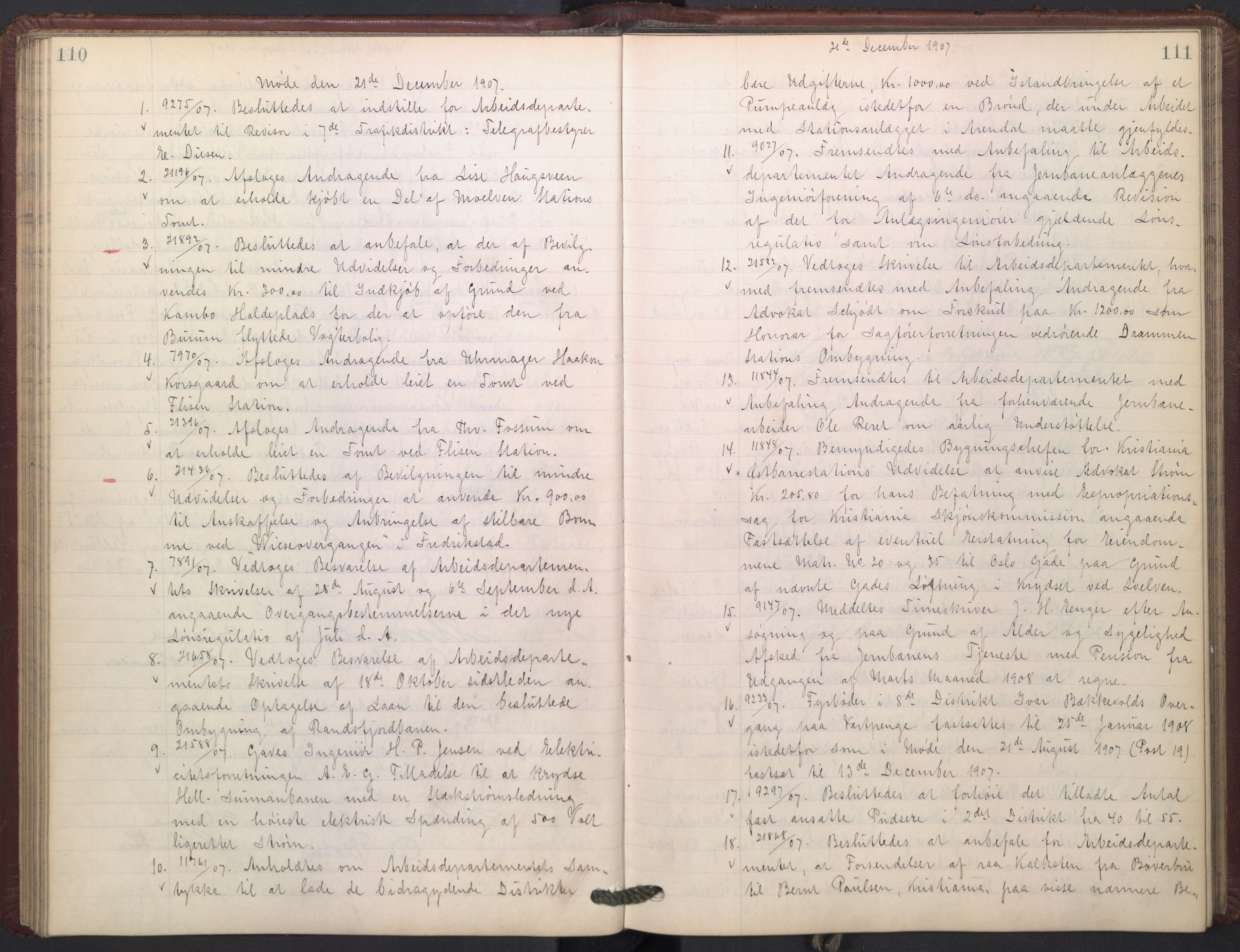 Norges statsbaner, Administrasjons- økonomi- og personalavdelingen, AV/RA-S-3412/A/Aa/L0009: Forhandlingsprotokoll, 1907-1909, p. 110-111