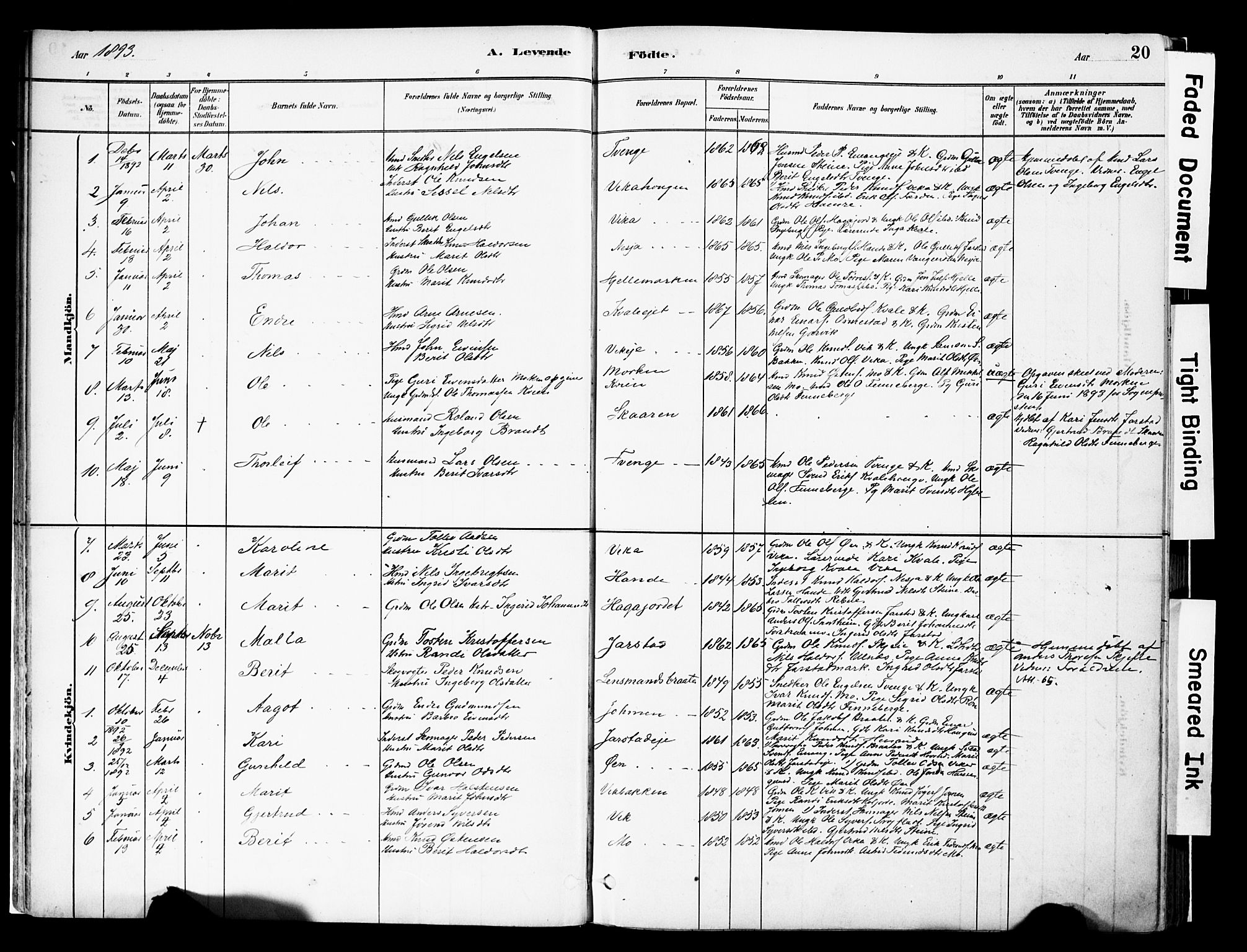 Vestre Slidre prestekontor, SAH/PREST-136/H/Ha/Haa/L0004: Parish register (official) no. 4, 1881-1911, p. 20