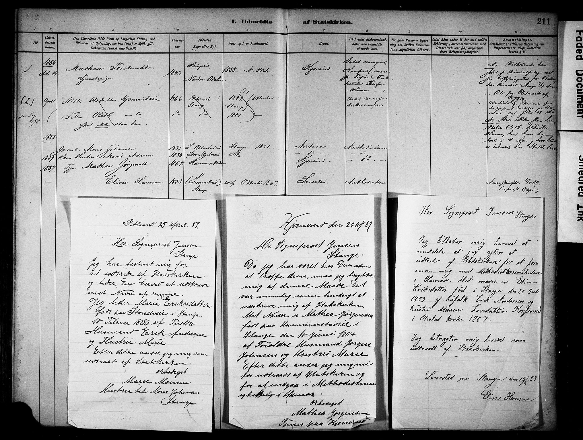 Stange prestekontor, SAH/PREST-002/K/L0019: Parish register (official) no. 19, 1880-1891, p. 211