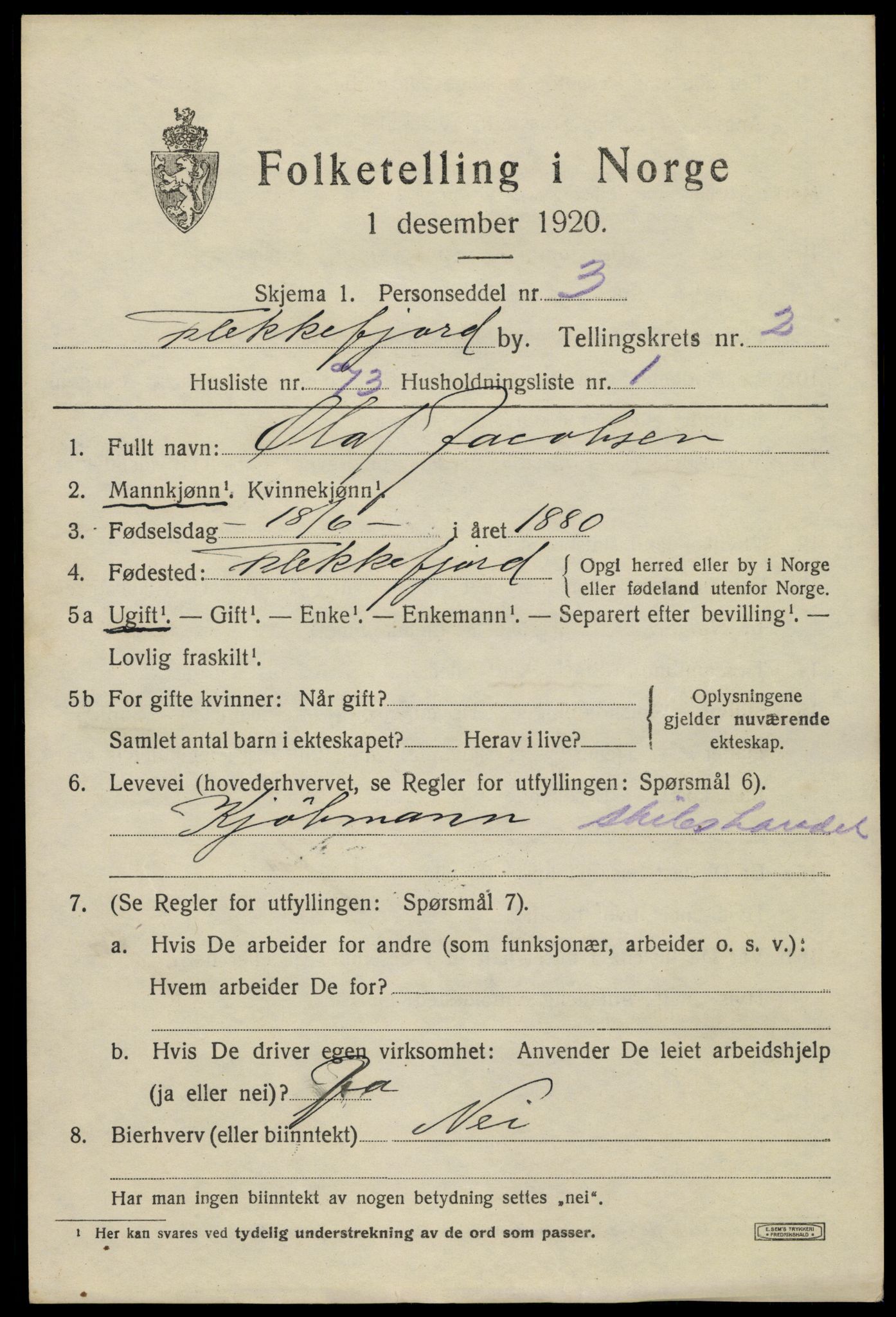 SAK, 1920 census for Flekkefjord, 1920, p. 3376