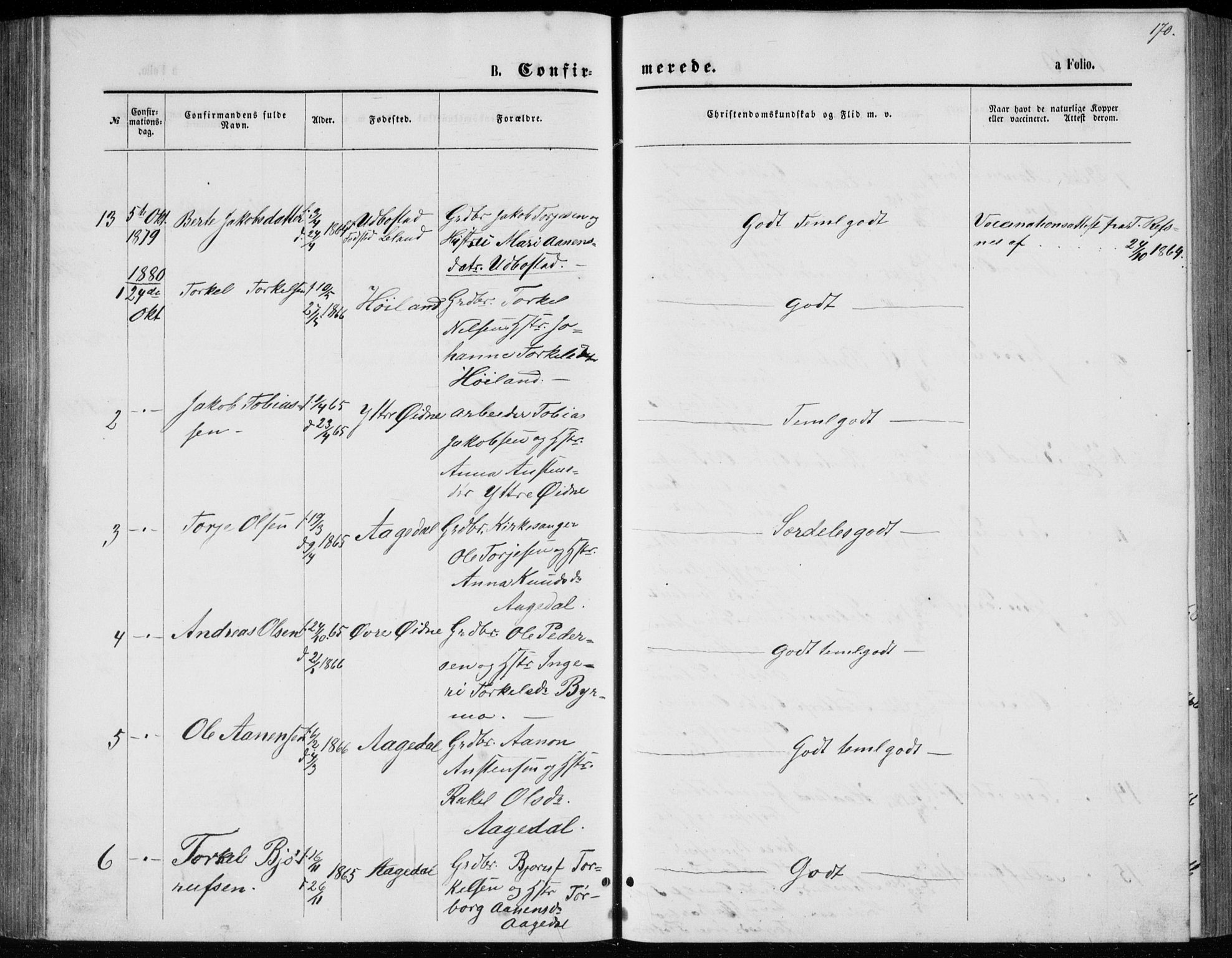 Bjelland sokneprestkontor, SAK/1111-0005/F/Fb/Fbc/L0002: Parish register (copy) no. B 2, 1867-1887, p. 170