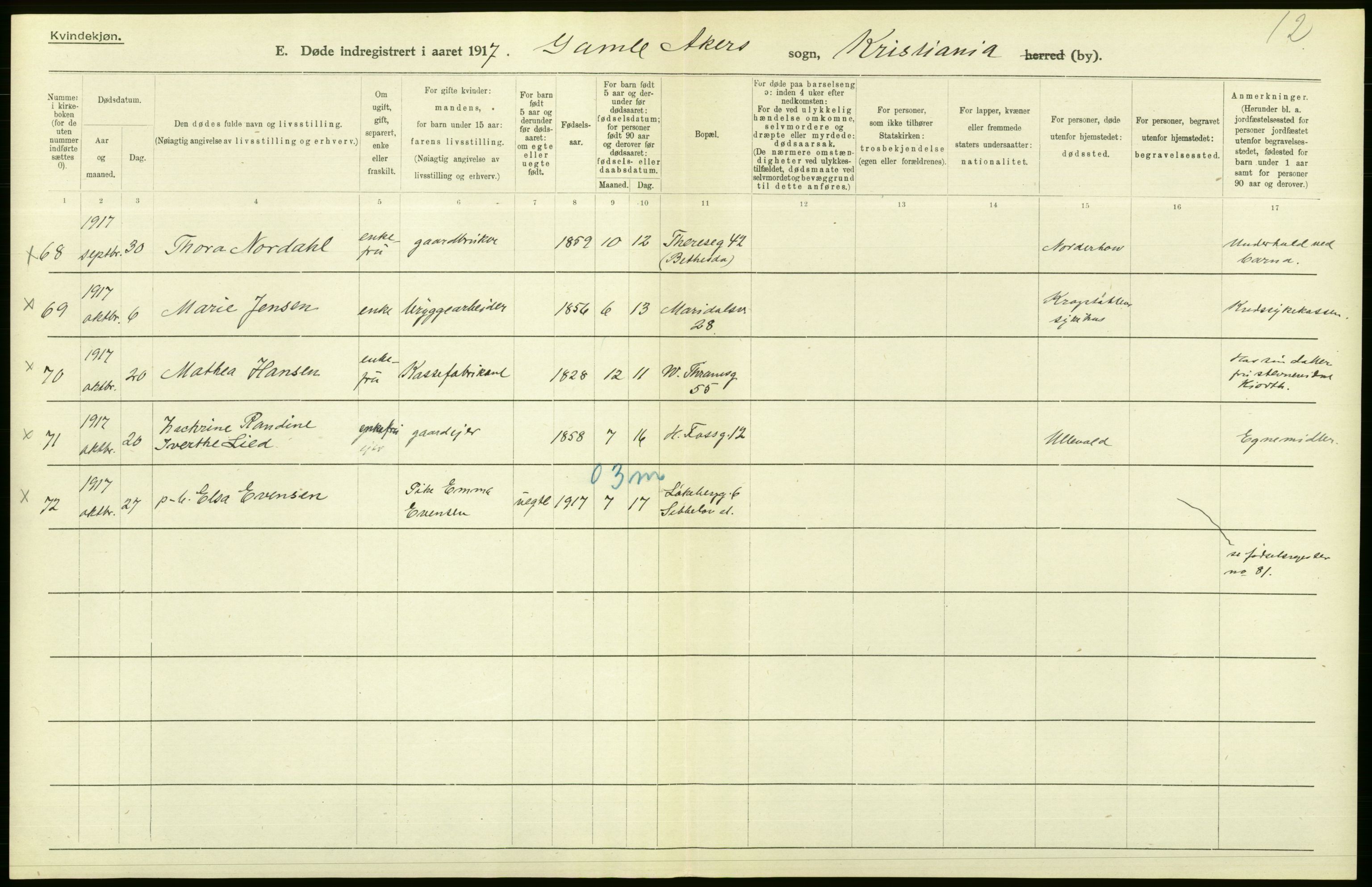 Statistisk sentralbyrå, Sosiodemografiske emner, Befolkning, AV/RA-S-2228/D/Df/Dfb/Dfbg/L0010: Kristiania: Døde, 1917, p. 106