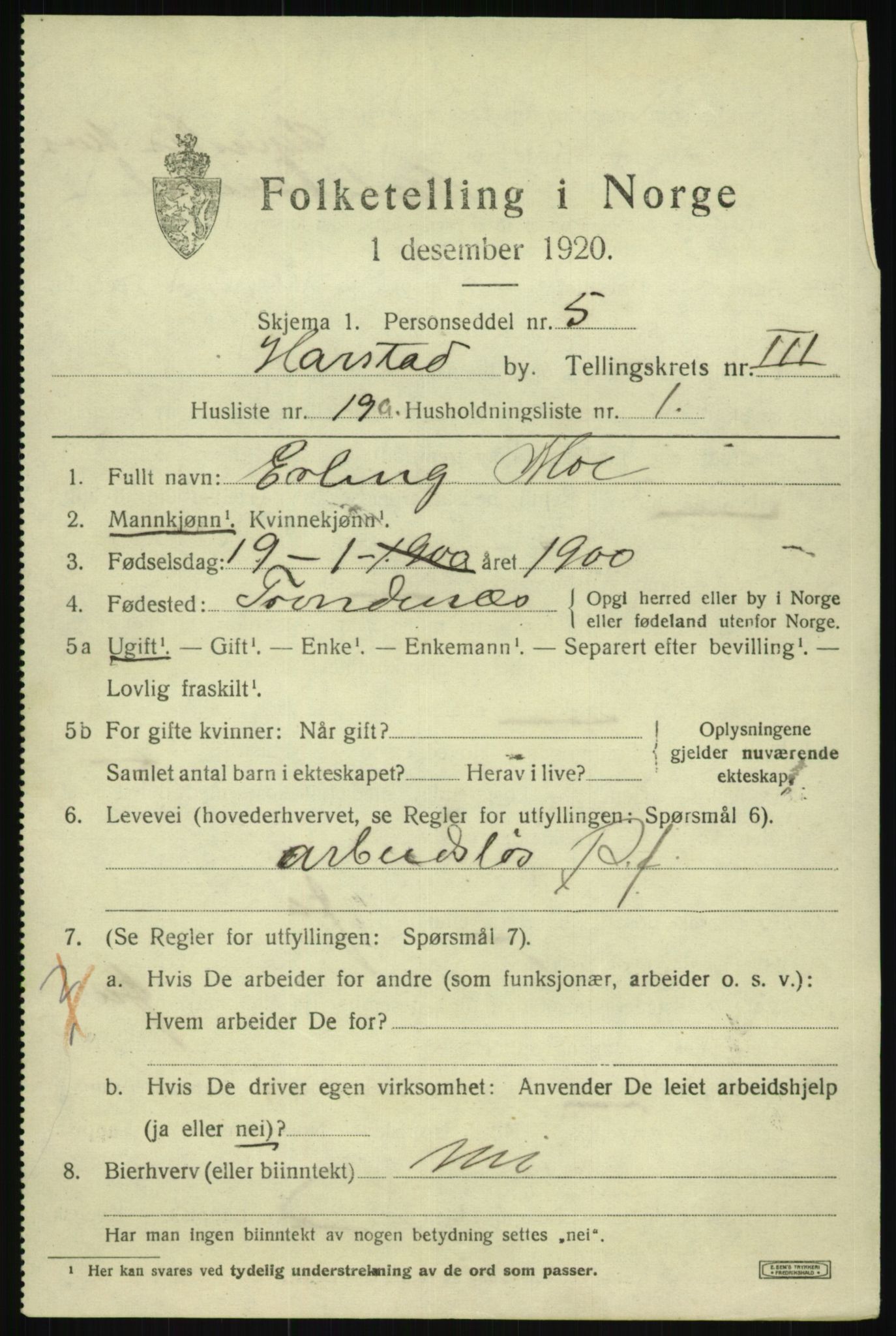 SATØ, 1920 census for Harstad, 1920, p. 4488