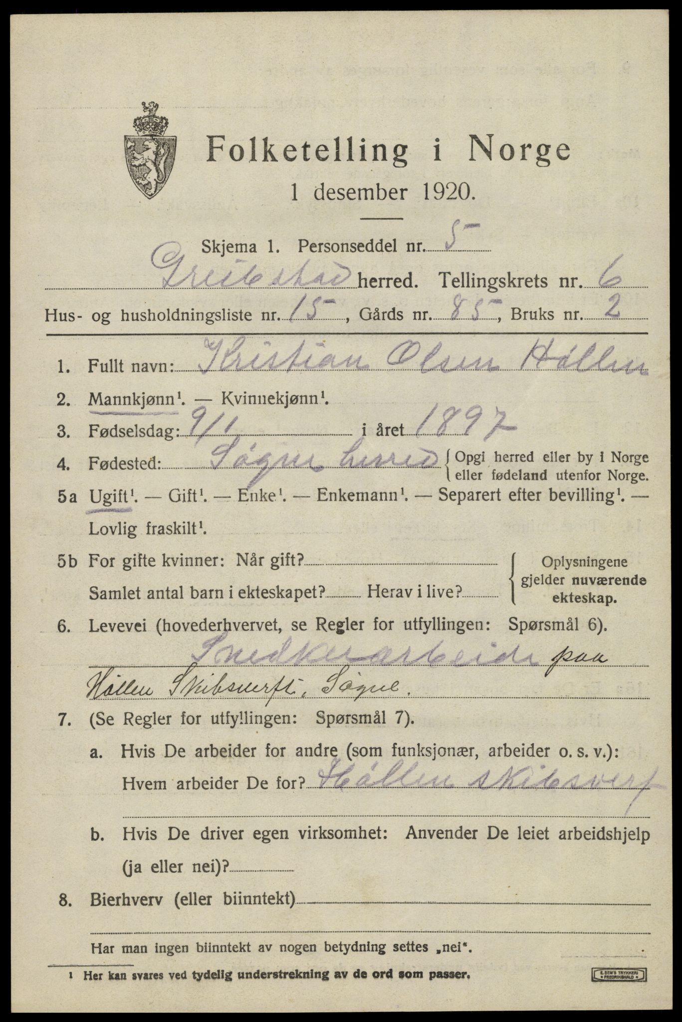 SAK, 1920 census for Greipstad, 1920, p. 2064