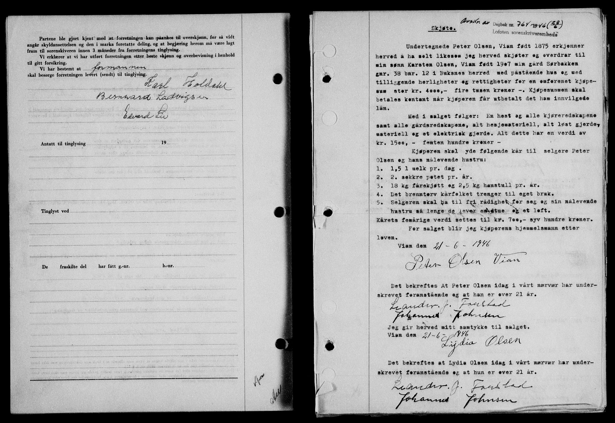 Lofoten sorenskriveri, SAT/A-0017/1/2/2C/L0014a: Mortgage book no. 14a, 1946-1946, Diary no: : 764/1946