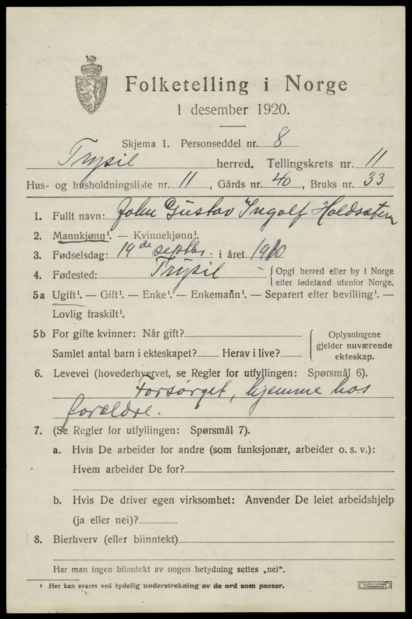SAH, 1920 census for Trysil, 1920, p. 7089