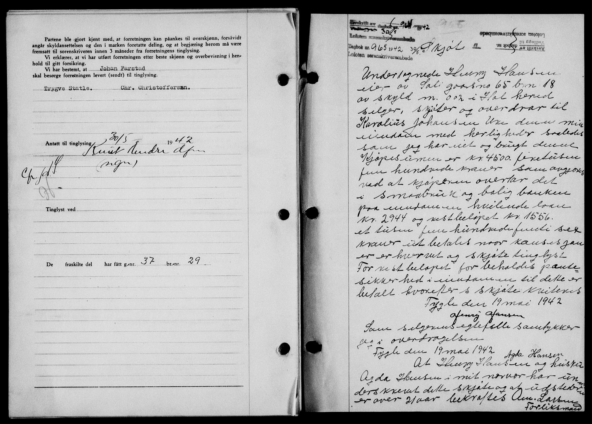 Lofoten sorenskriveri, SAT/A-0017/1/2/2C/L0009a: Mortgage book no. 9a, 1941-1942, Diary no: : 965/1942