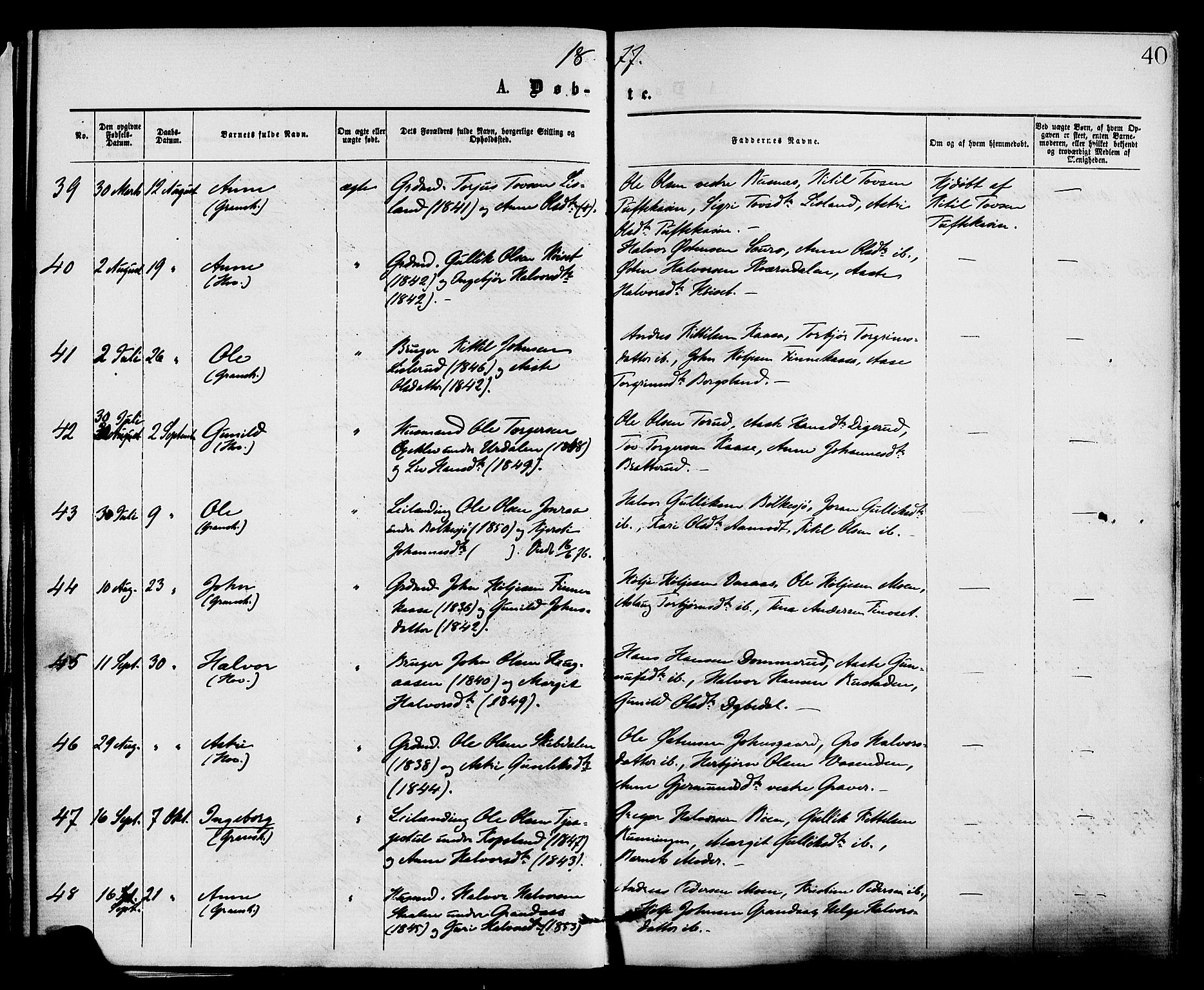Gransherad kirkebøker, SAKO/A-267/F/Fa/L0004: Parish register (official) no. I 4, 1871-1886, p. 40