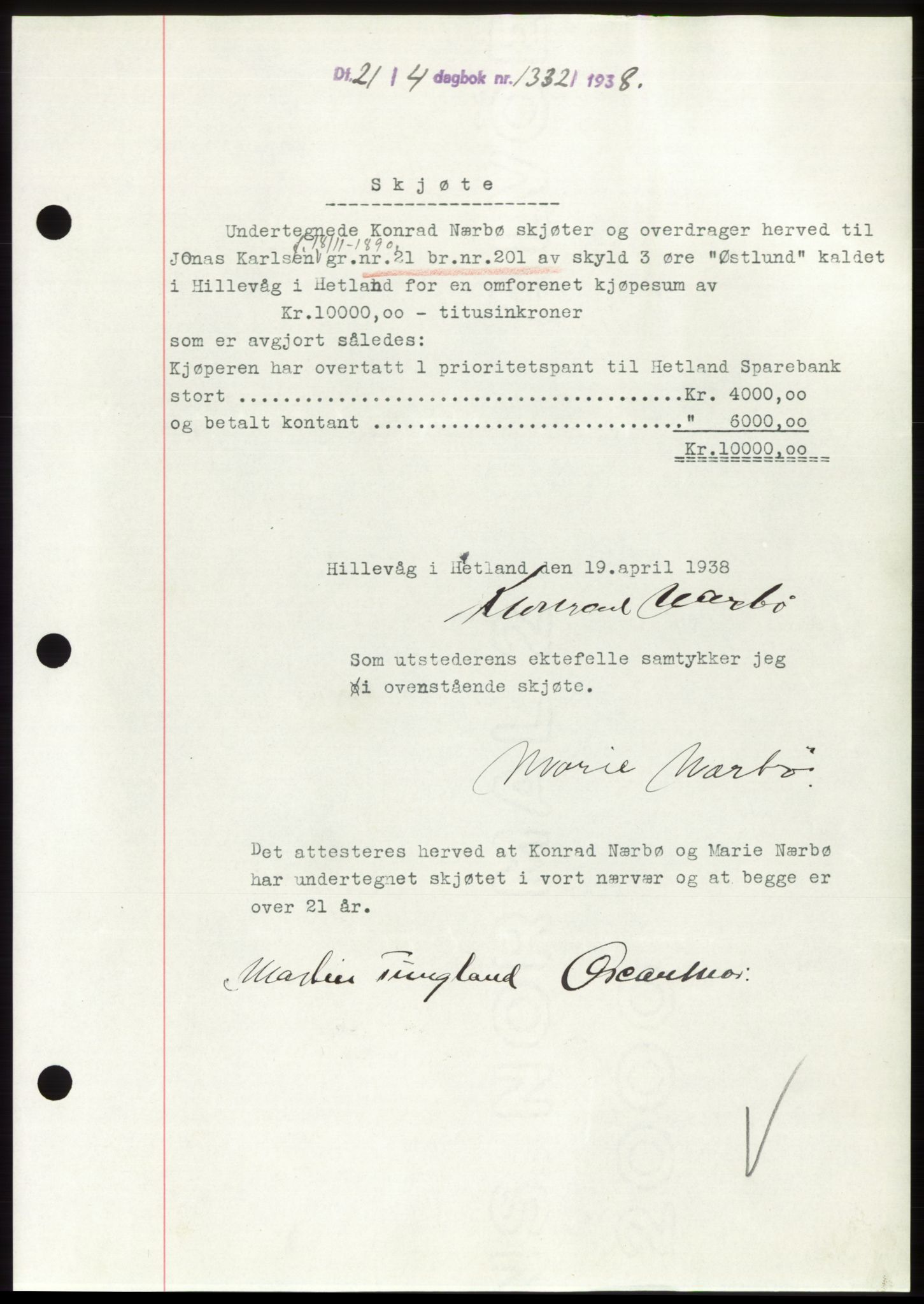 Jæren sorenskriveri, SAST/A-100310/03/G/Gba/L0070: Mortgage book, 1938-1938, Diary no: : 1332/1938