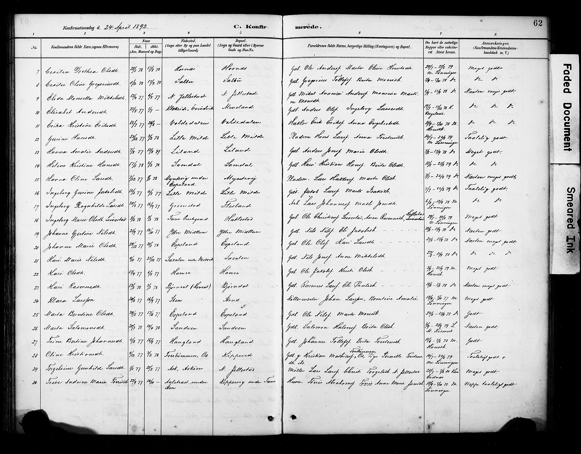 Fana Sokneprestembete, AV/SAB-A-75101/H/Haa/Haab/L0002: Parish register (official) no. B 2, 1890-1897, p. 62