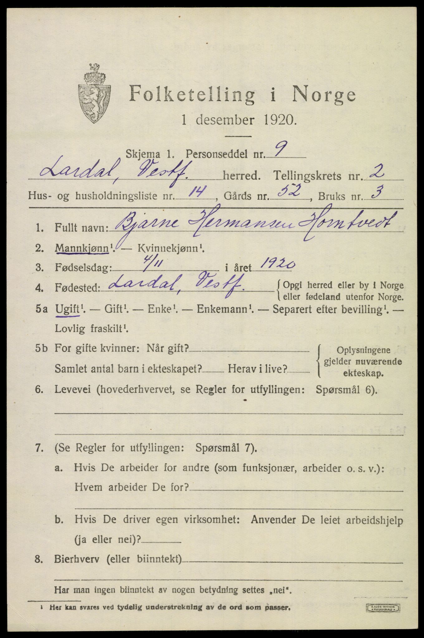 SAKO, 1920 census for Lardal, 1920, p. 2147