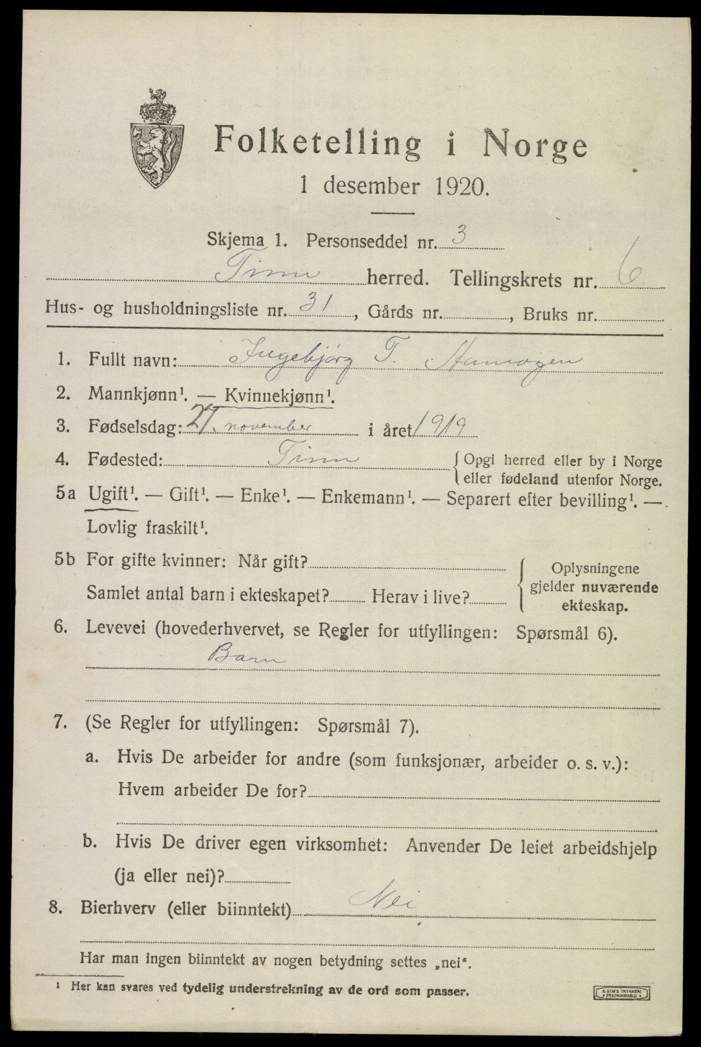 SAKO, 1920 census for Tinn, 1920, p. 4860