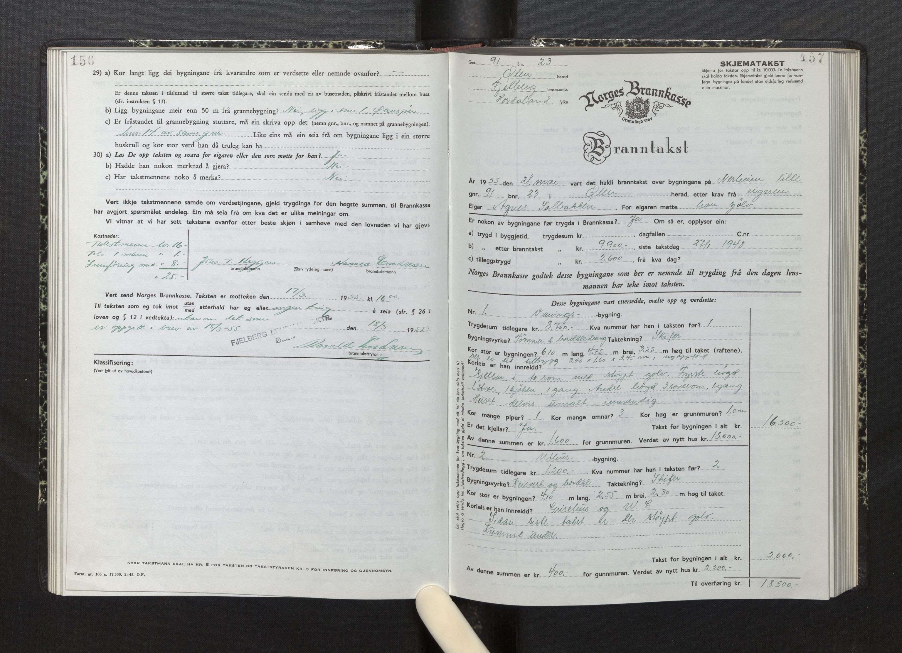 Lensmannen i Fjelberg, SAB/A-32101/0012/L0008: Branntakstprotokoll, skjematakst, 1949-1955, p. 156-157