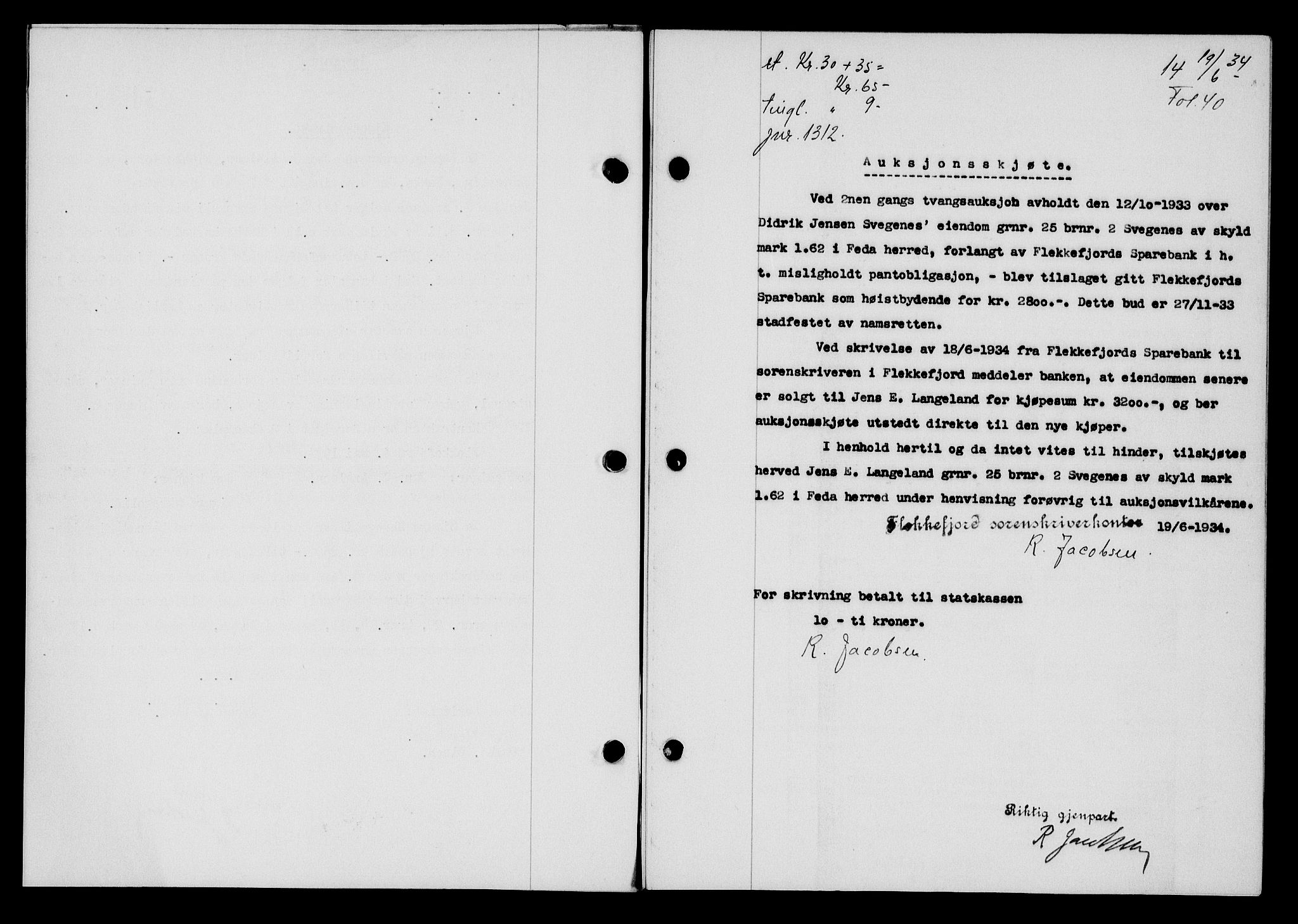 Flekkefjord sorenskriveri, SAK/1221-0001/G/Gb/Gba/L0051: Mortgage book no. 47, 1934-1935, Deed date: 19.06.1934