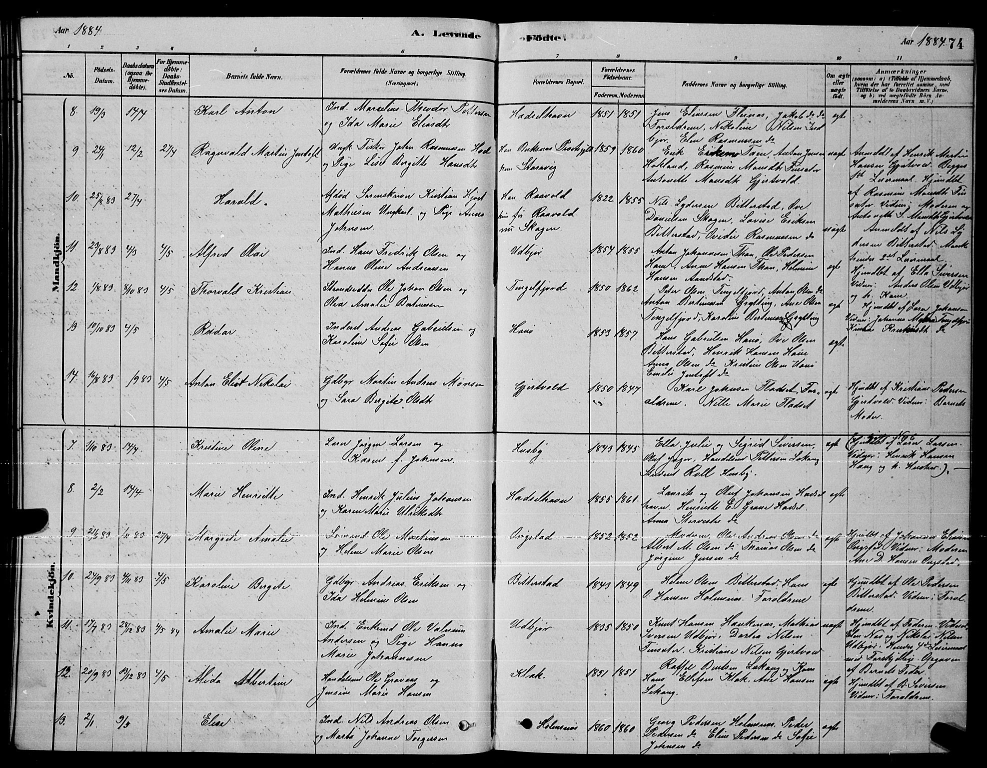 Ministerialprotokoller, klokkerbøker og fødselsregistre - Nordland, AV/SAT-A-1459/888/L1267: Parish register (copy) no. 888C05, 1878-1890, p. 74